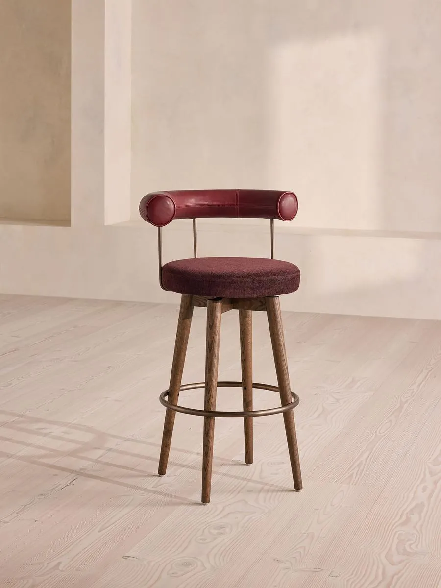 Calvert Barstool, Sangria Leather & Bordeaux Linen Chenille