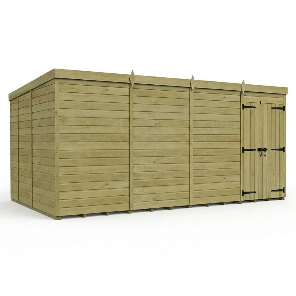 Buttercup Farm 16ft x 9ft Pent Garden Shed Double Door No Windows - Timber in Brown
