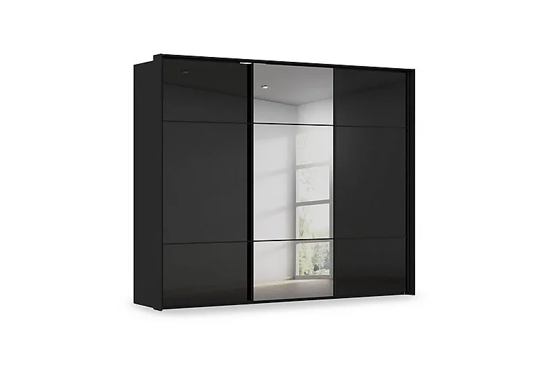 Haven 280cm 3 Door Slider Wardrobe with 2 Glass Doors and 1 Mirror Door - Black Glass
