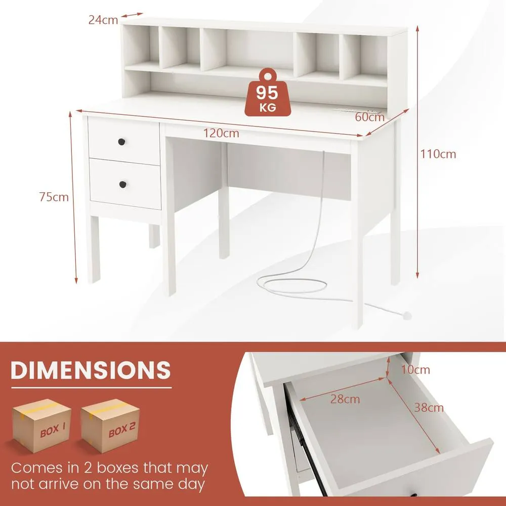 Costway Computer Desk 120 CM Writing Desk with Power Outlets & Drawers in White 3