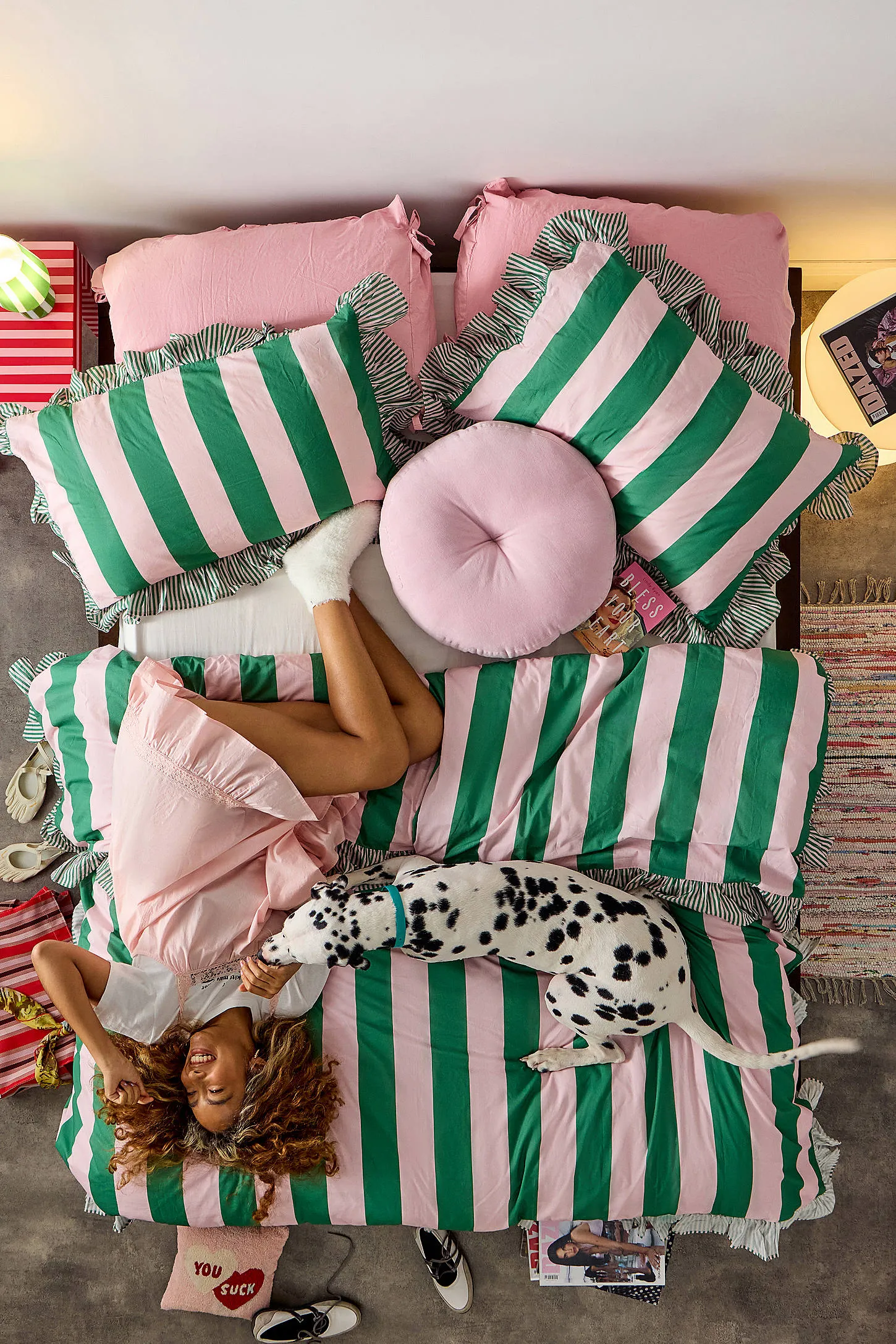 Pink & Green Stripe Ruffle Duvet Set