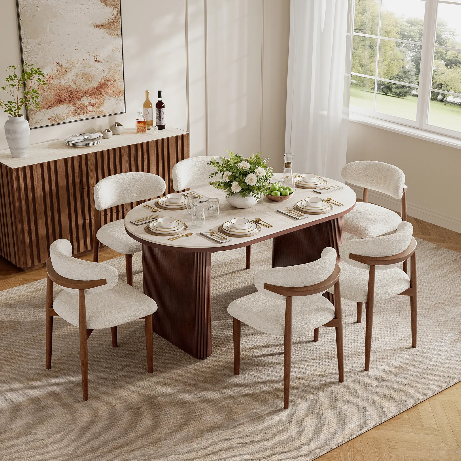 Dining Set 200-240cm Extendable Walnut Table with 6 Chairs