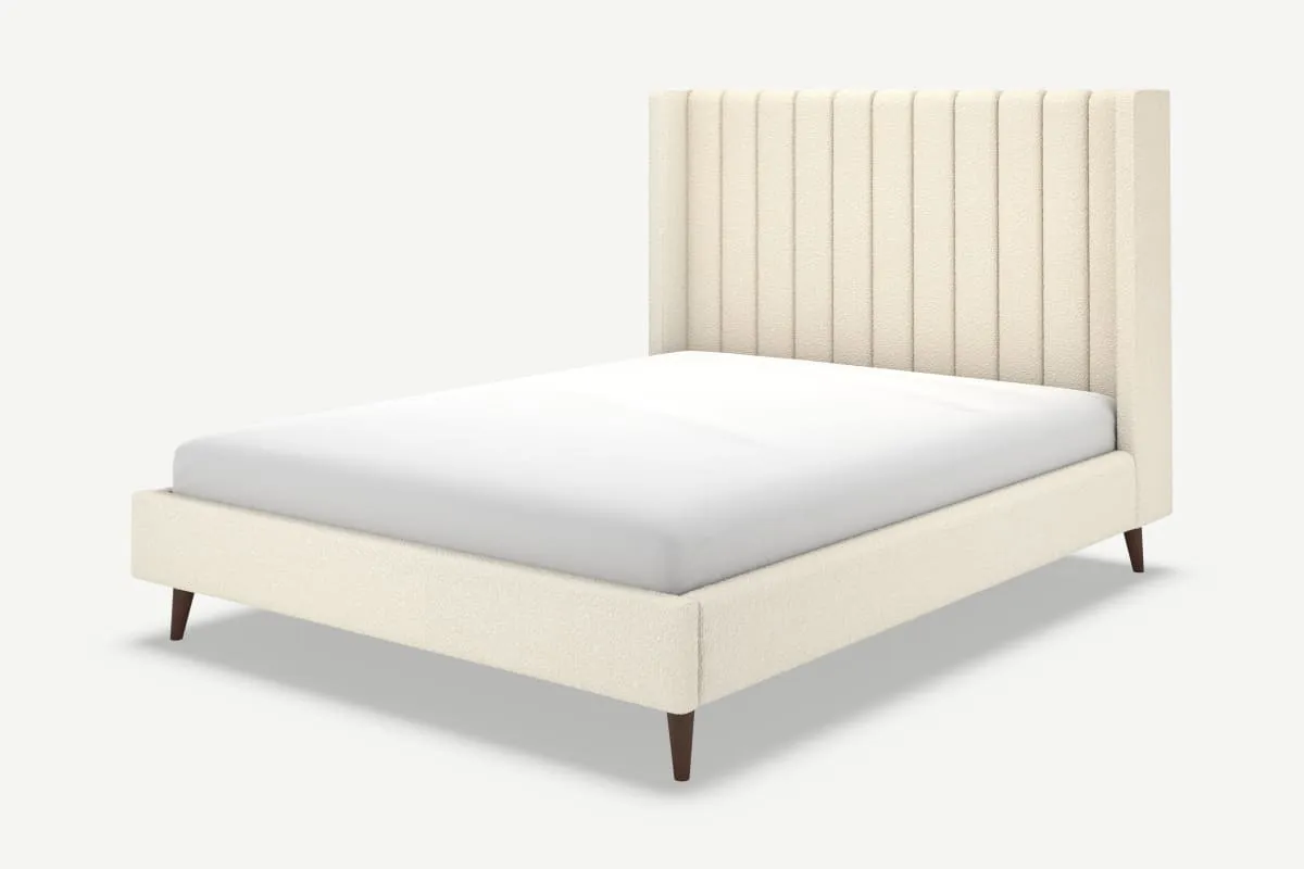 Cory Double Bed, Ivory White Boucle with Walnut Stain Oak Legs