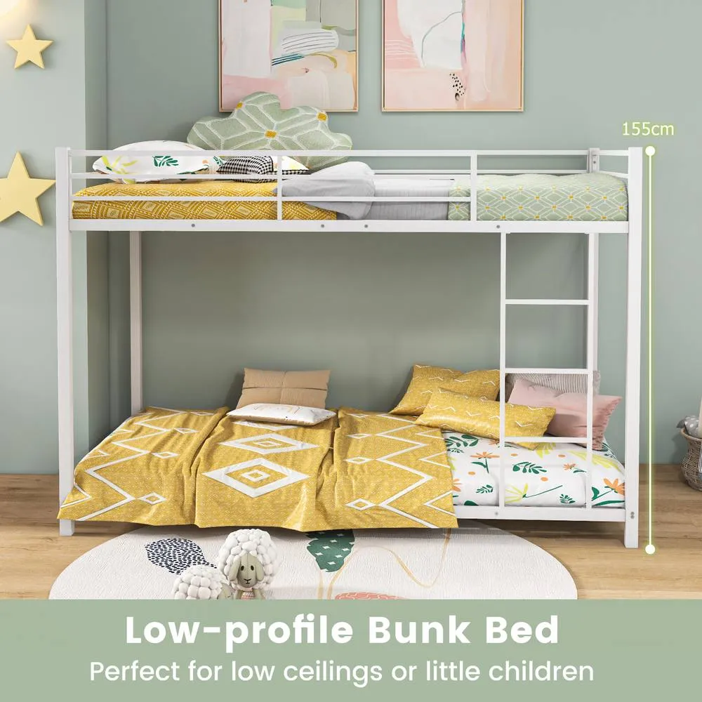 Costway Single Metal Bunk Bed Floor Bed Frame w/Ladder &Full-length Guardrails in White 5