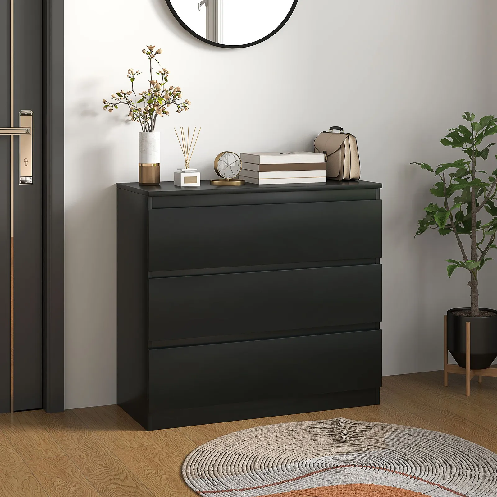 HOMCOM Chest of Drawers, 3 Drawer Storage Cabinet Unit for Bedroom in Black