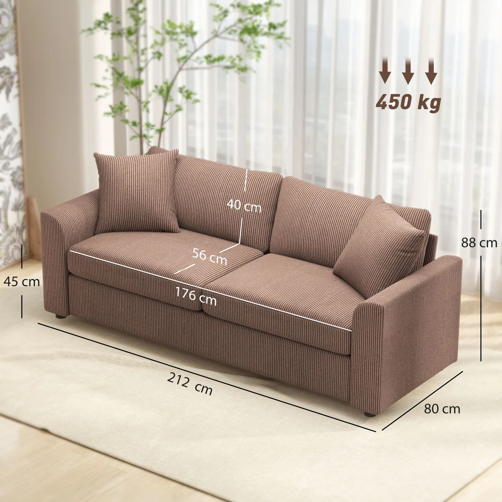 HOMCOM 212 cm Upholstered Jumbo Cord Sofa Couch with Spring Cushion, Coffee in Brown 3