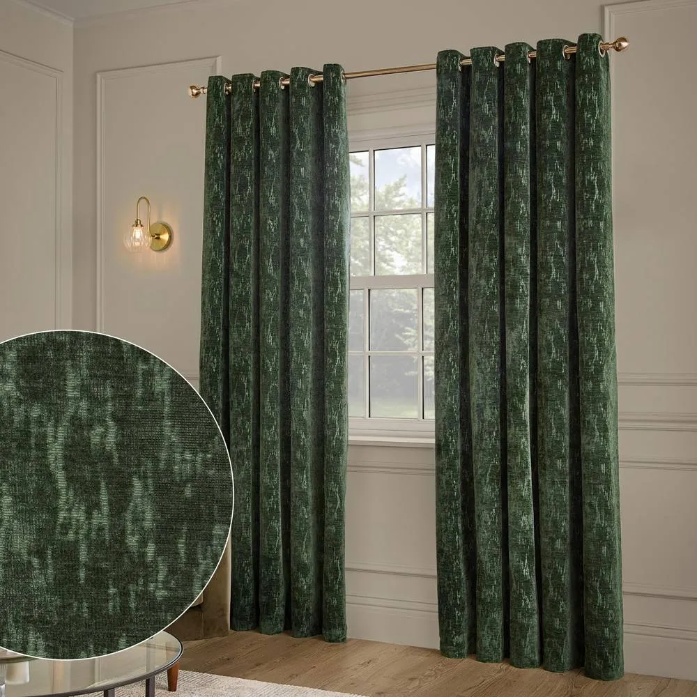 Paoletti Aurelio Chenille Fully Lined Eyelet Curtain Pair in Emerald 1