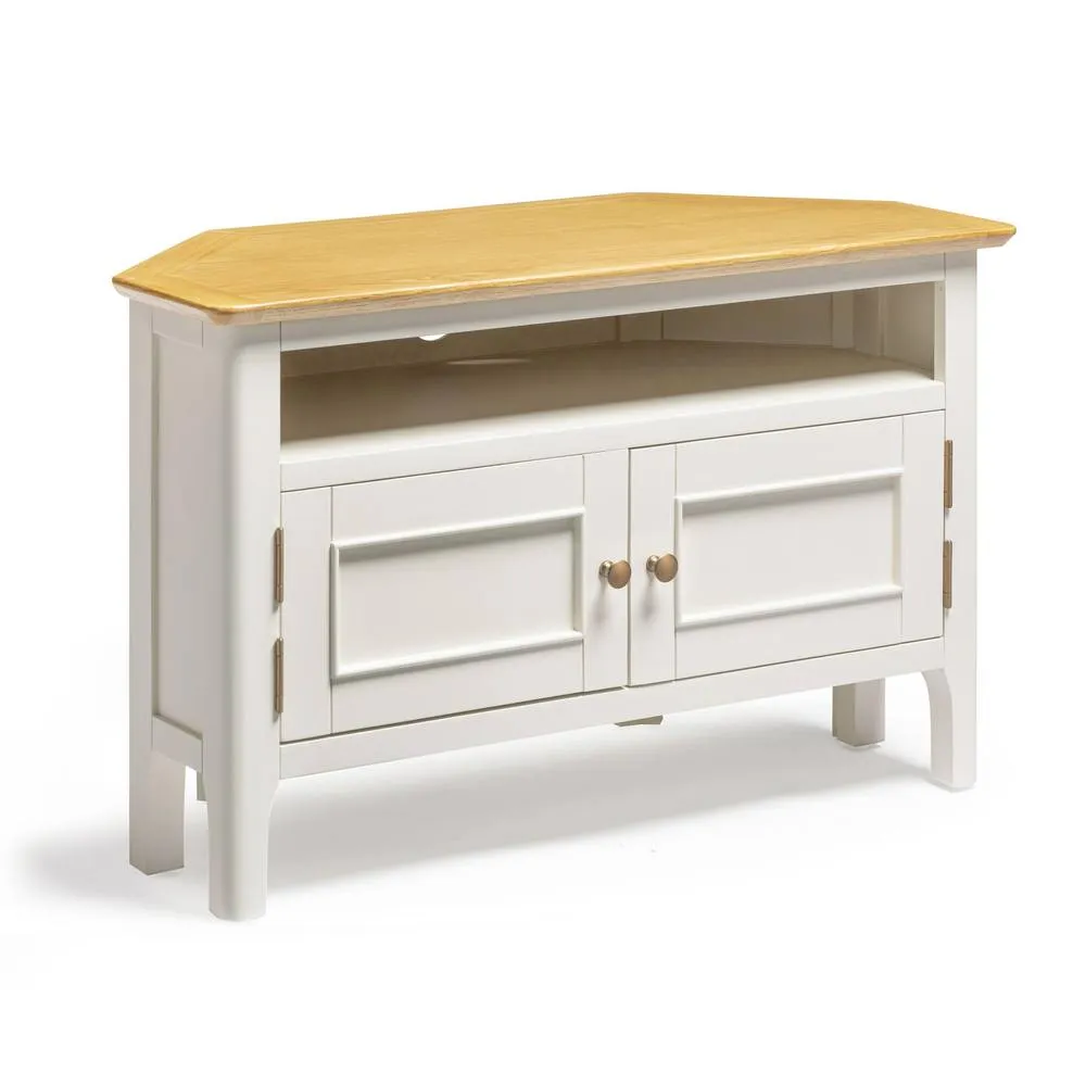 FurnitureboxUK Belle Solid Oak Wood & Cream Corner TV Stand 2