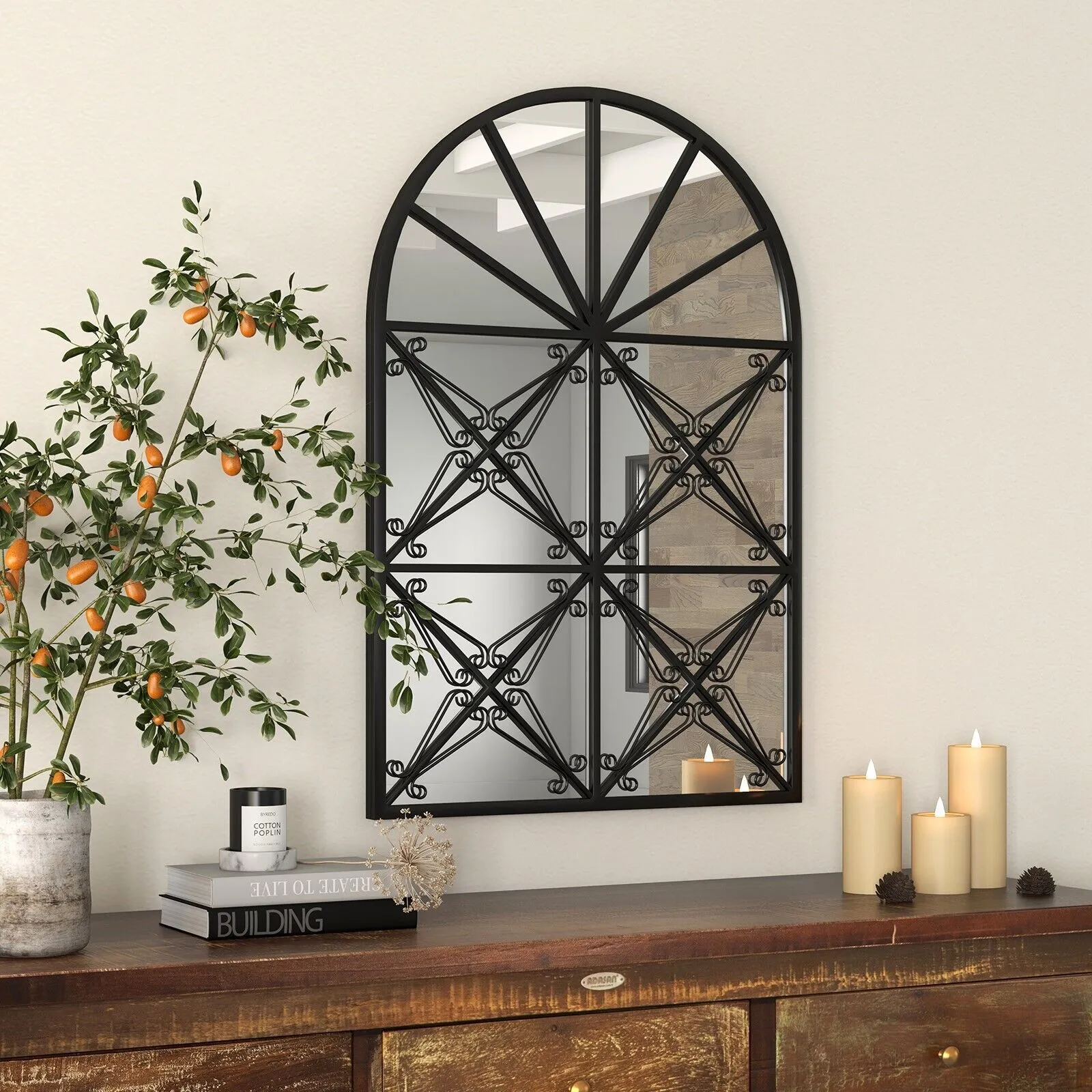 Costway Arched Window Pane Mirror Wall Mounted Decorative Mirror w/ Metal Frame in Black 3