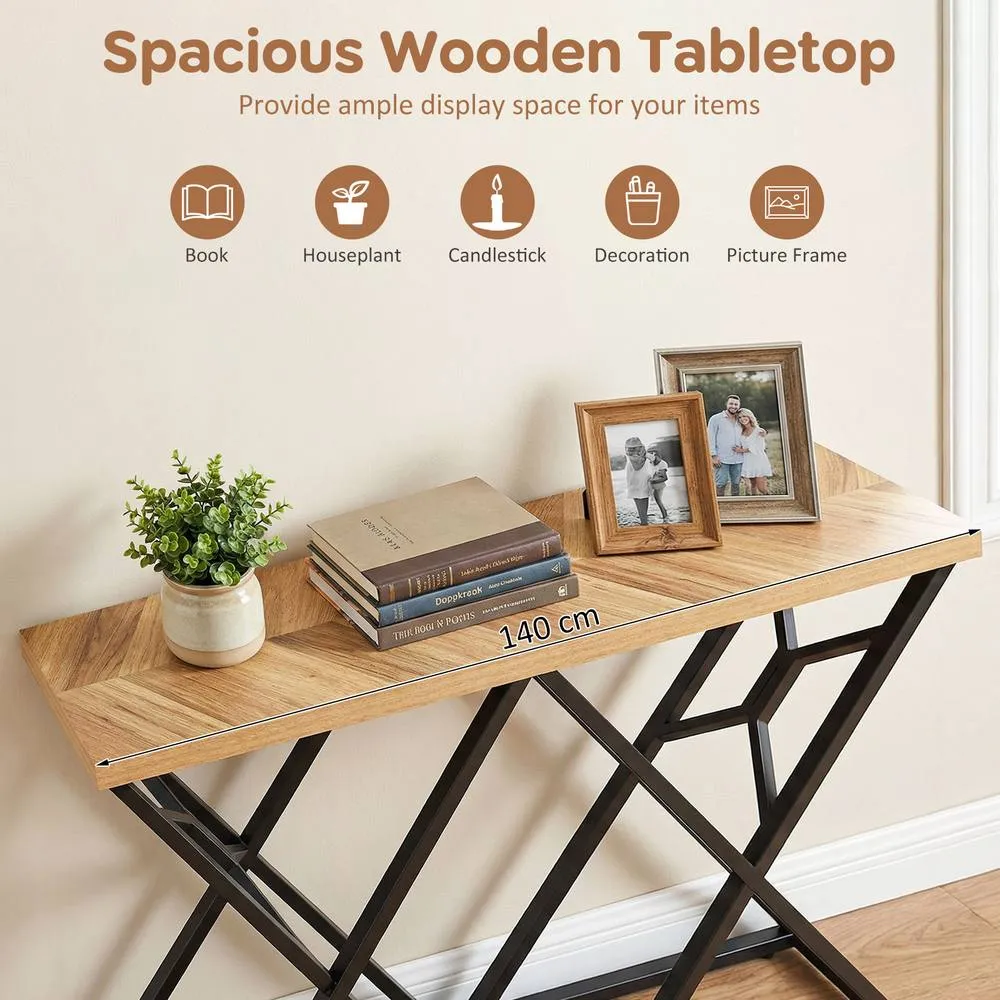 Costway 140CM Console Table Farmhouse Entryway Table with Metal Base Black in Brown 4
