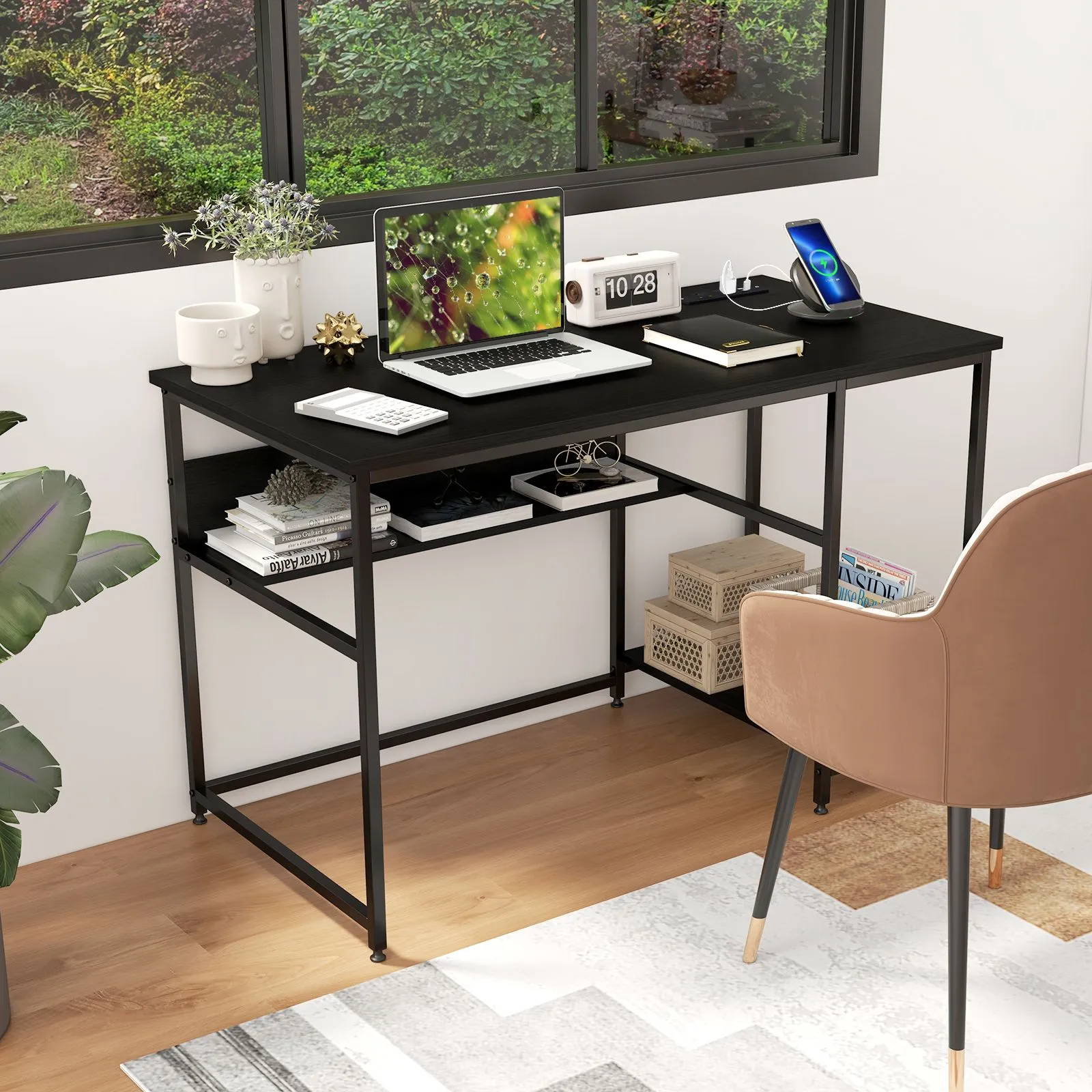 Costway 120CM Computer Desk with Power Outlet & Shelf Home Office Studying Table in Black 5