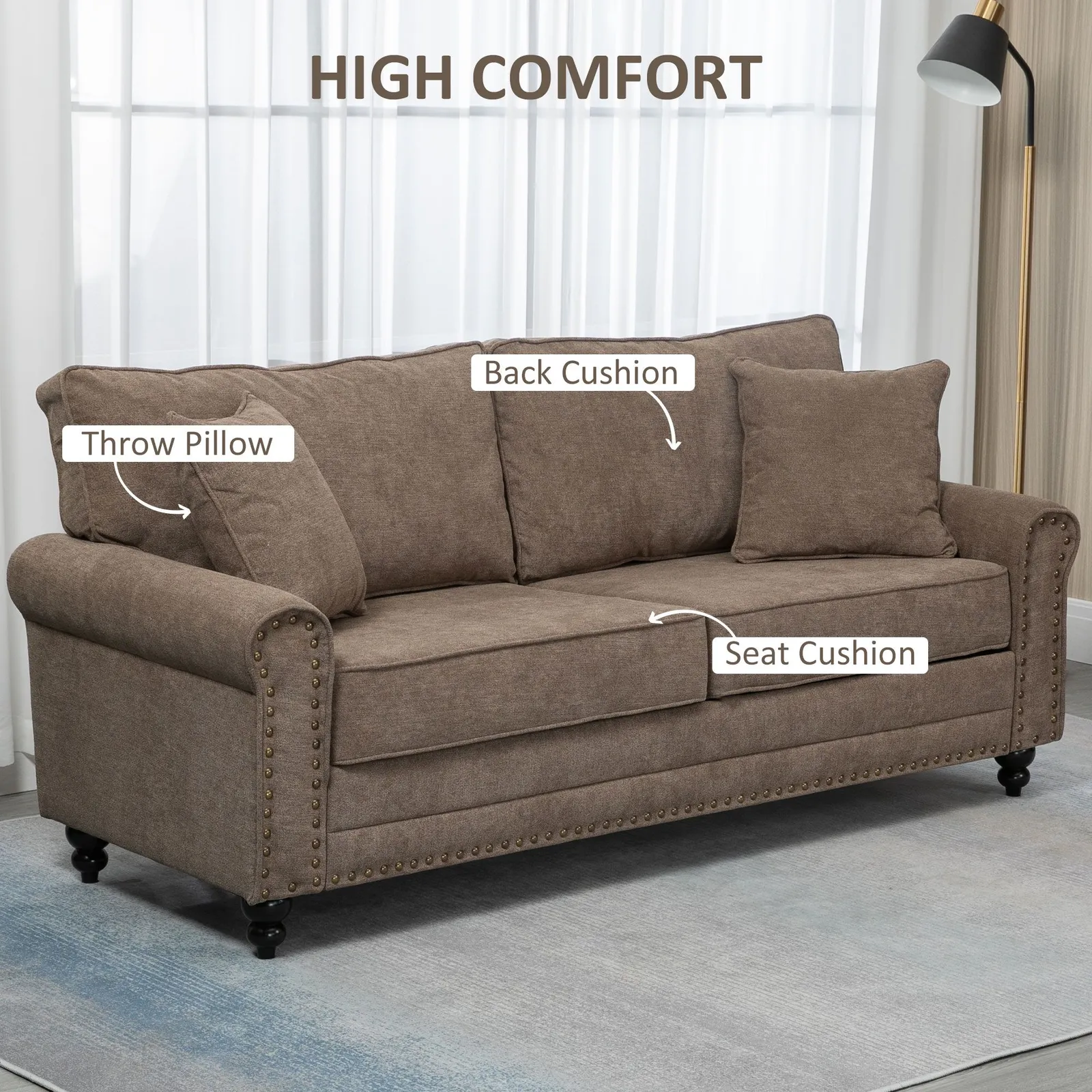 HOMCOM 3 Seater Sofas Fabric Sofa with Nailhead Trim Cushions & Throw Pillows in Brown 4