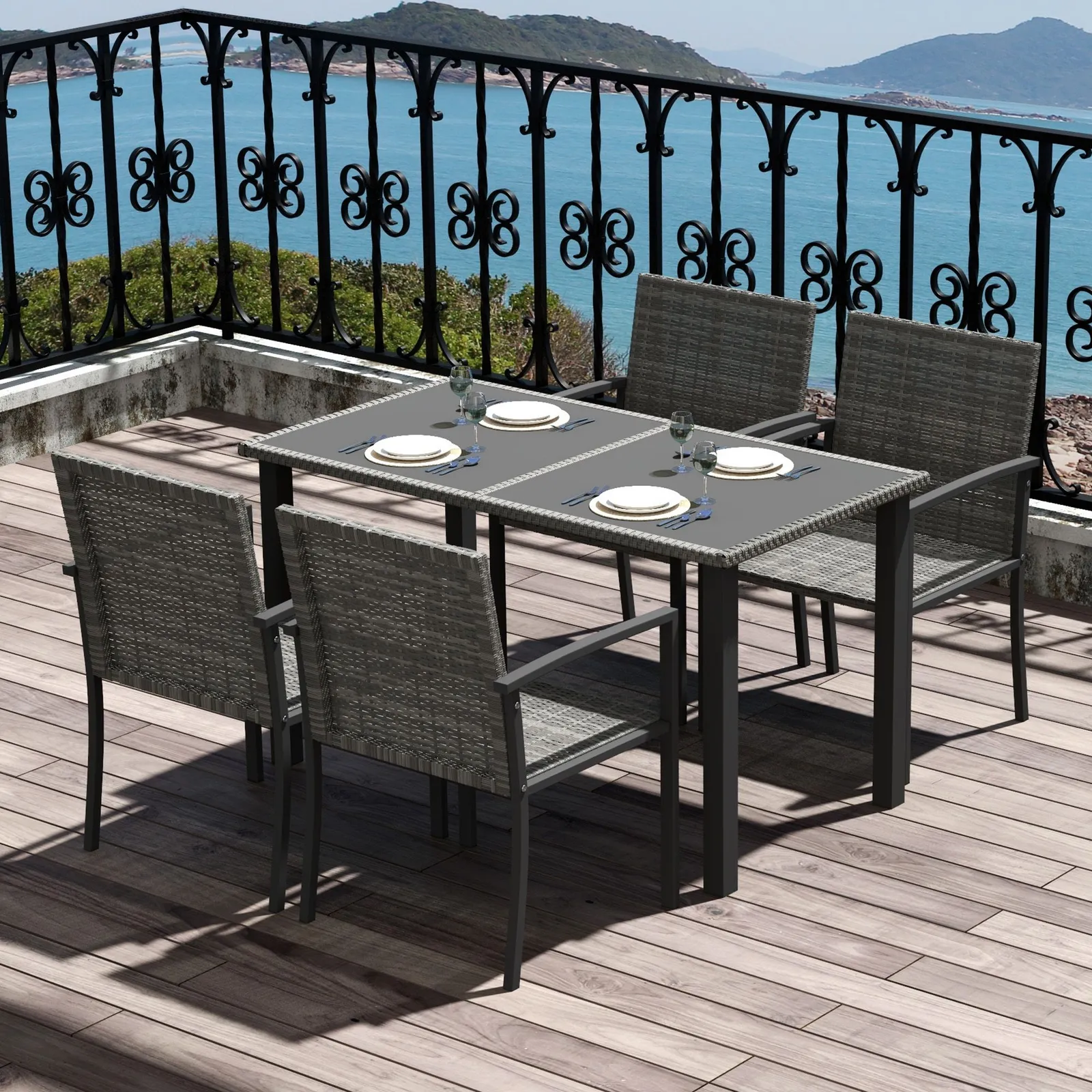 OUTSUNNY 4 Seater Rattan Garden Furniture Set w/ Glass Tabletop in Grey 1