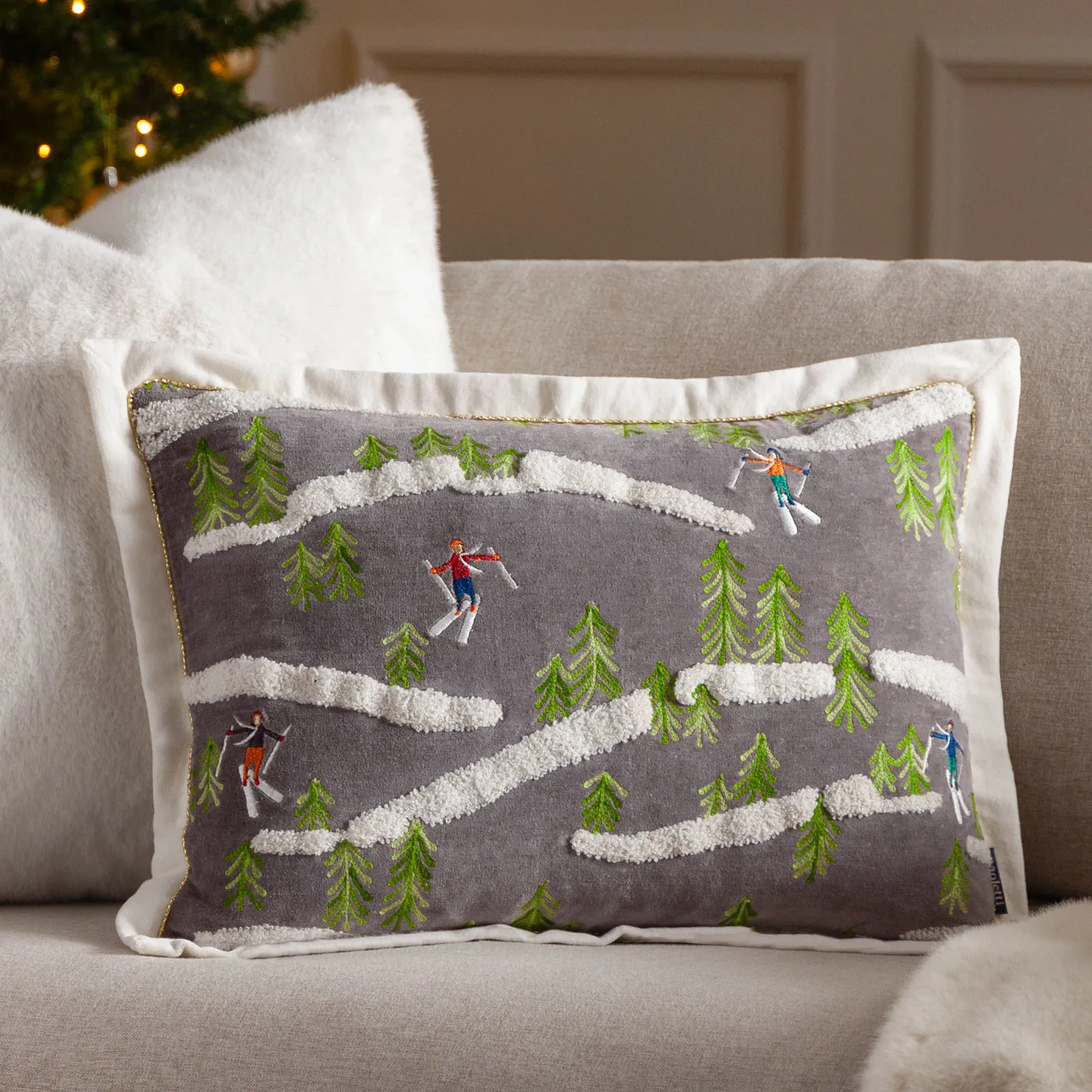 Paoletti Winter Alpine Embroidered 100% Cotton Cushion in Taupe