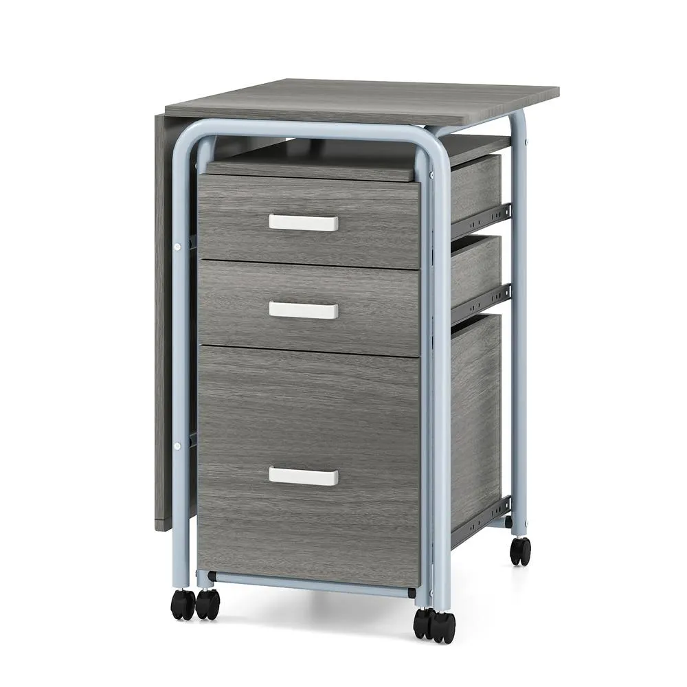 Costway Folding Computer Desk Wheeled Home Office Workstation W/ 3 Drawers in Grey