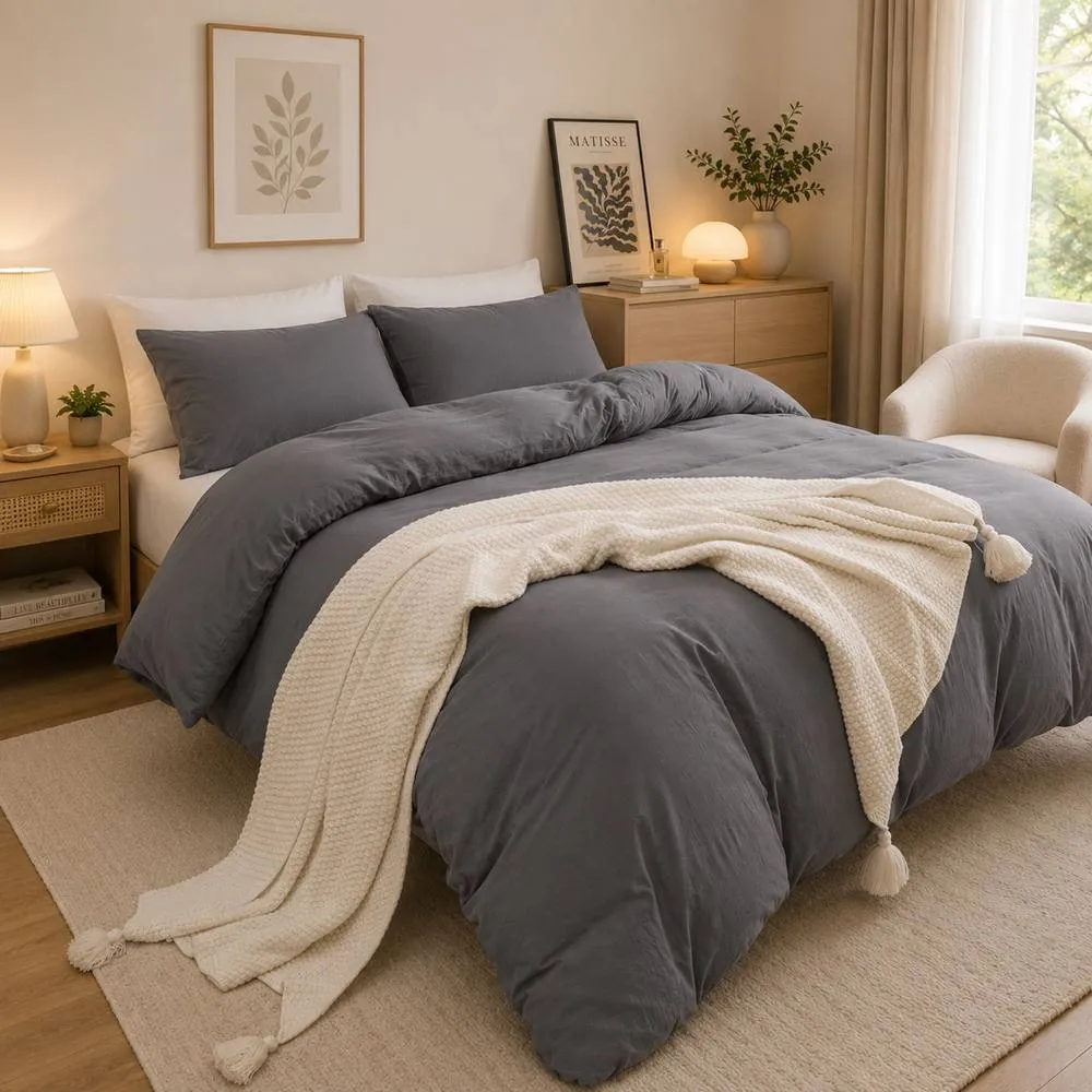 Grace Prewashed Microfibre Duvet Cover Set Soft Lightweight Zipper Closure in Dark Grey