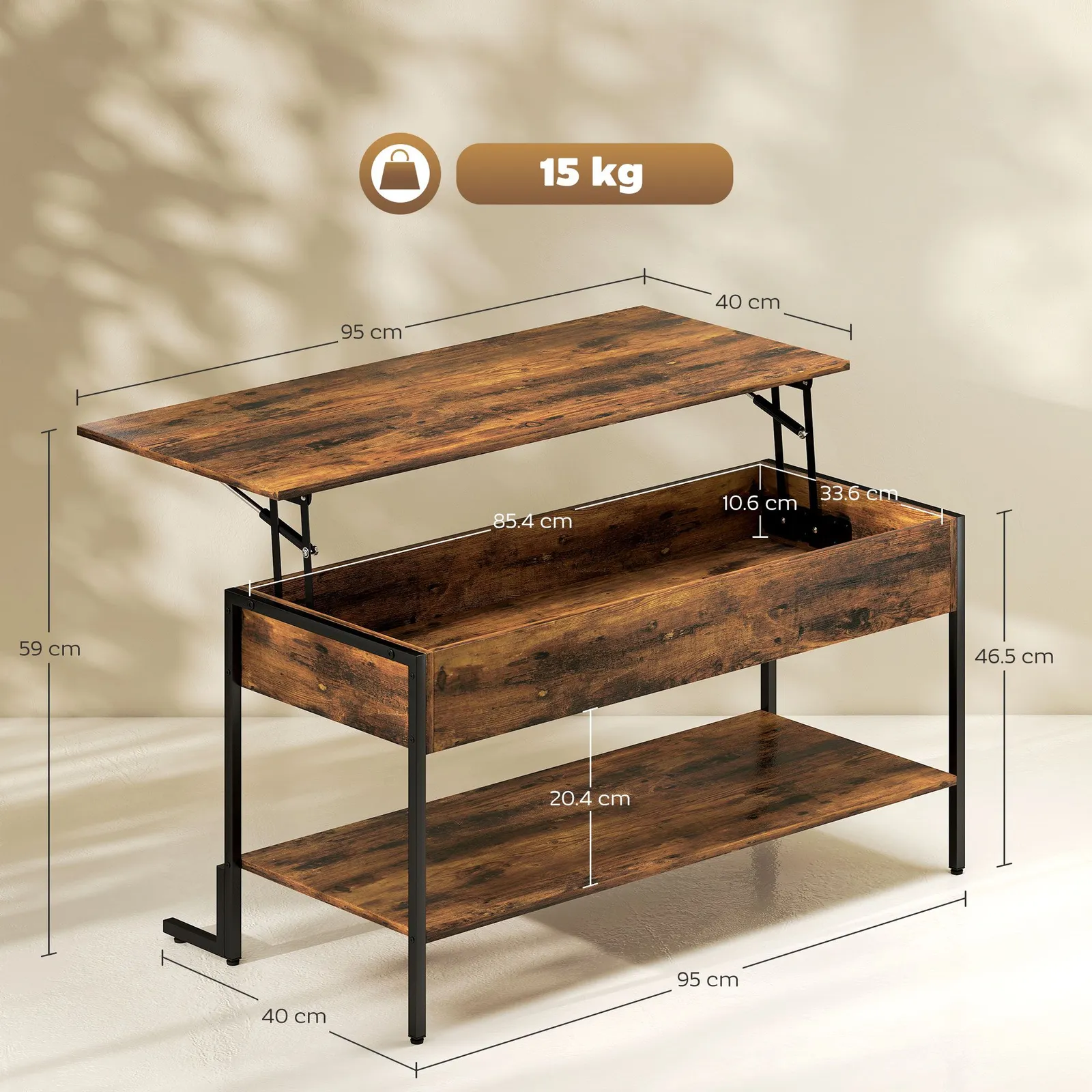 HOMCOM Industrial Lift Top Coffee Table with Storage Shelf Rustic Brown 3