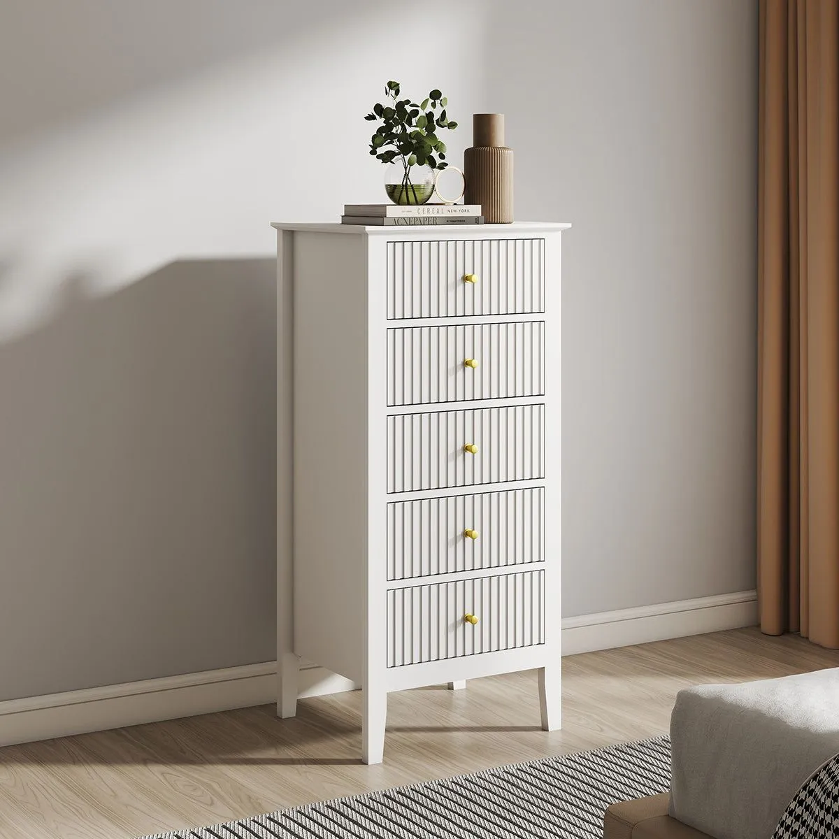 Melody Maison 6 Drawer Chest Of Drawers, Tall 5 Drawer Bedside Table, Pair Of 3 Drawer Bedside Tables & Dressing Table Set - Hales White Range 6