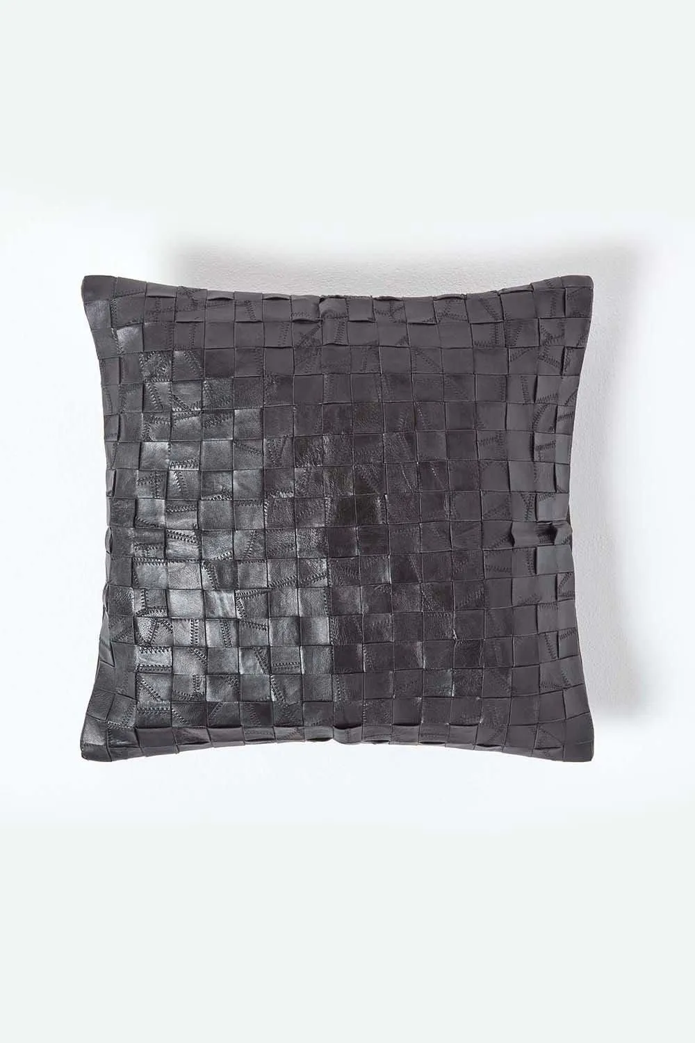 Homescapes Black Real Leather Basketweave Check Suede Cushion with Feather Filling