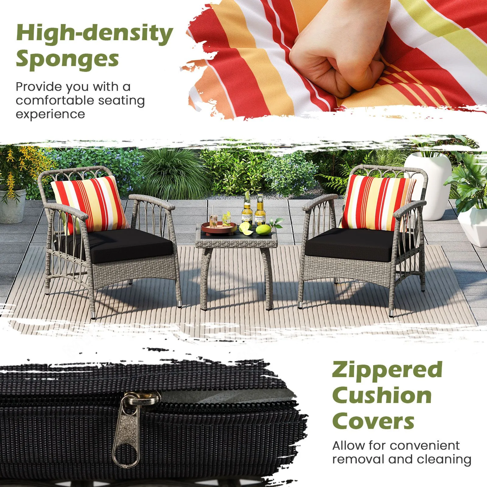 Costway 3 PCS Patio PE Wicker Furniture Set Garden Coffee Table & Armchairs in Grey 6