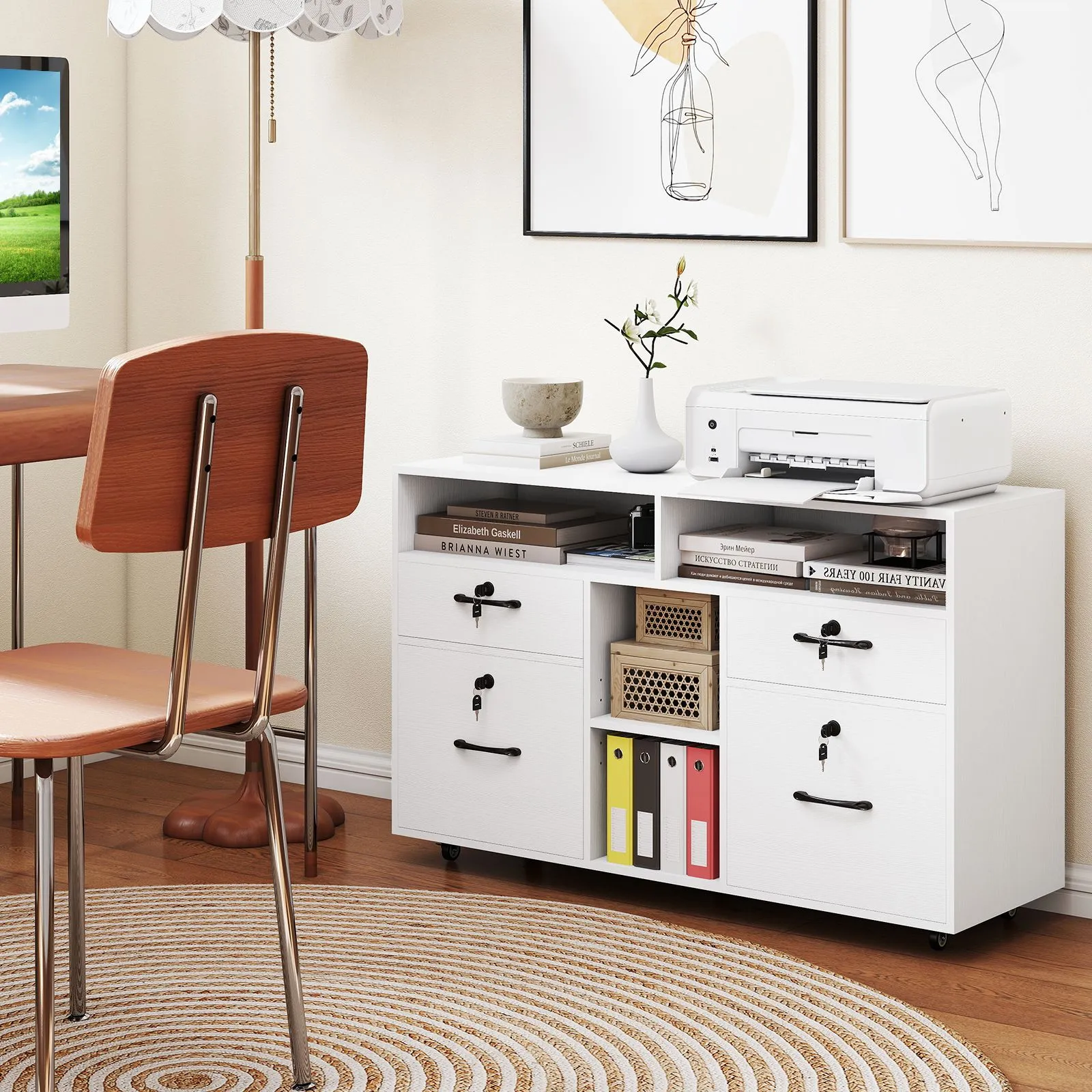 Costway File Cabinet Mobile Lateral Filing Storage Organizer with Lock in White 4