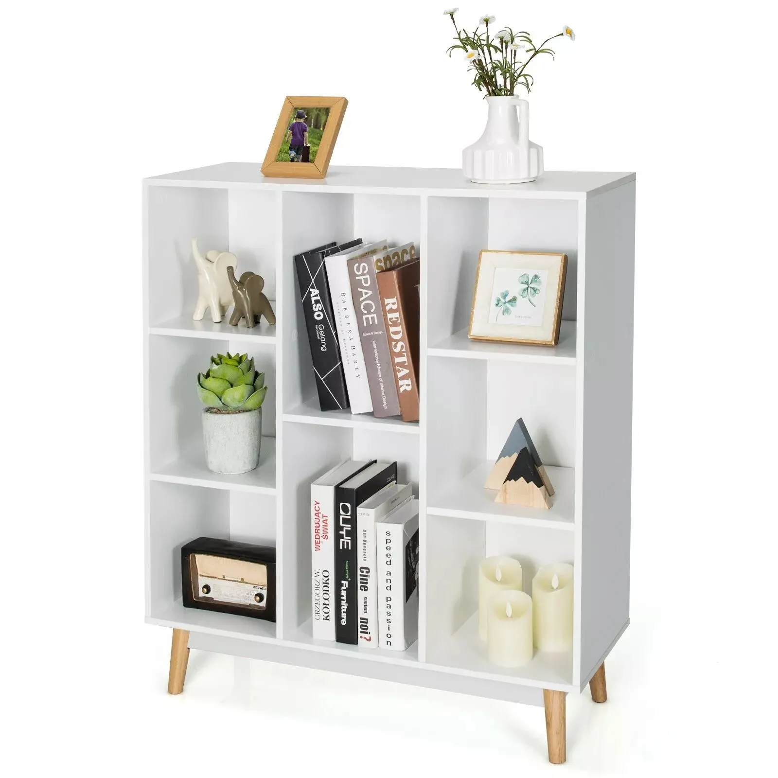Costway 8-Cube Storage Bookcase Wooden Bookshelf Side Cabinet Freestanding Display Rack in White