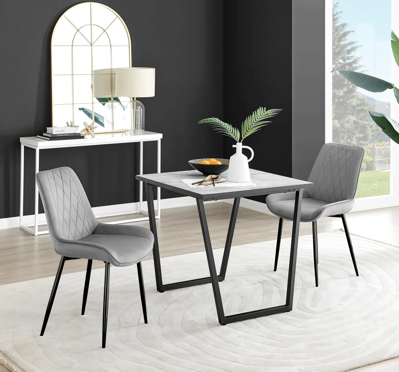 FurnitureboxUK Carson White Marble Effect Square Dining Table & 2 Velvet Pesaro Black Leg Chairs in Grey