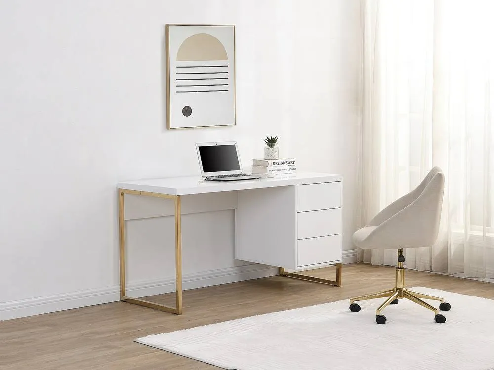 Vente-unique 3-Drawer Desk - Lacquereded MDF & Metal - White & Gold - TIMFIA