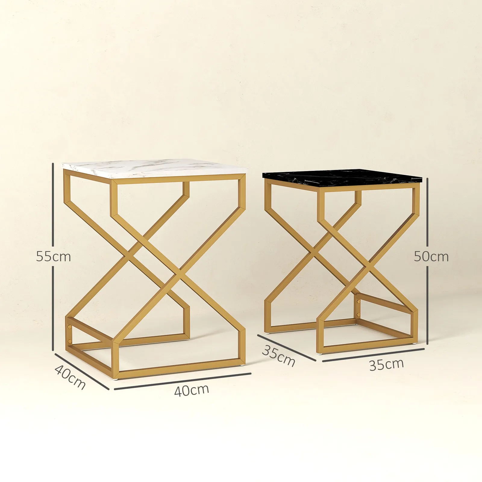 HOMCOM Nest Of Tables, Coffee Table Set with Steel Frame Black/White 3