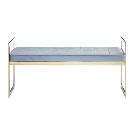 Alluras Powder Blue Velvet Button Tufted Bench With Gold Base