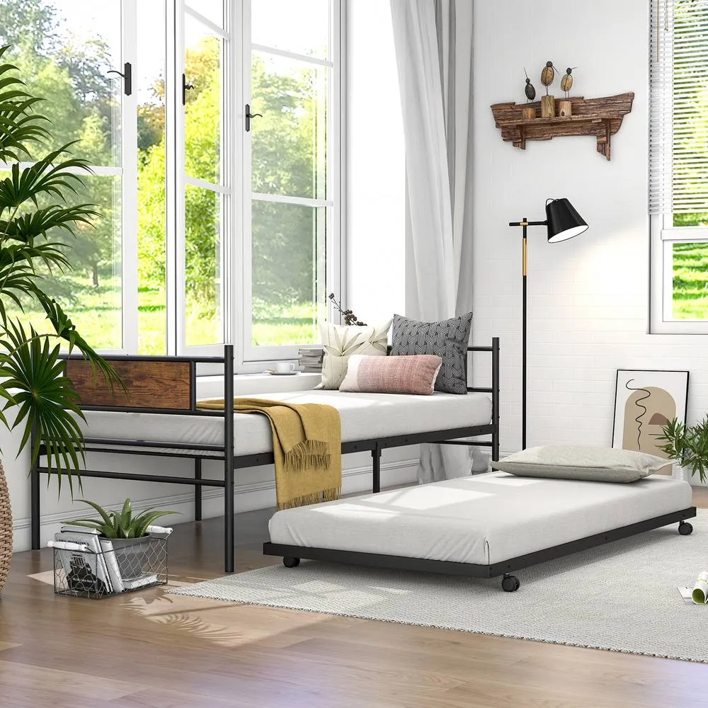 Costway Metal Daybed with Pull out Trundle Single Sofa Guest Bed with Headboard in Brown