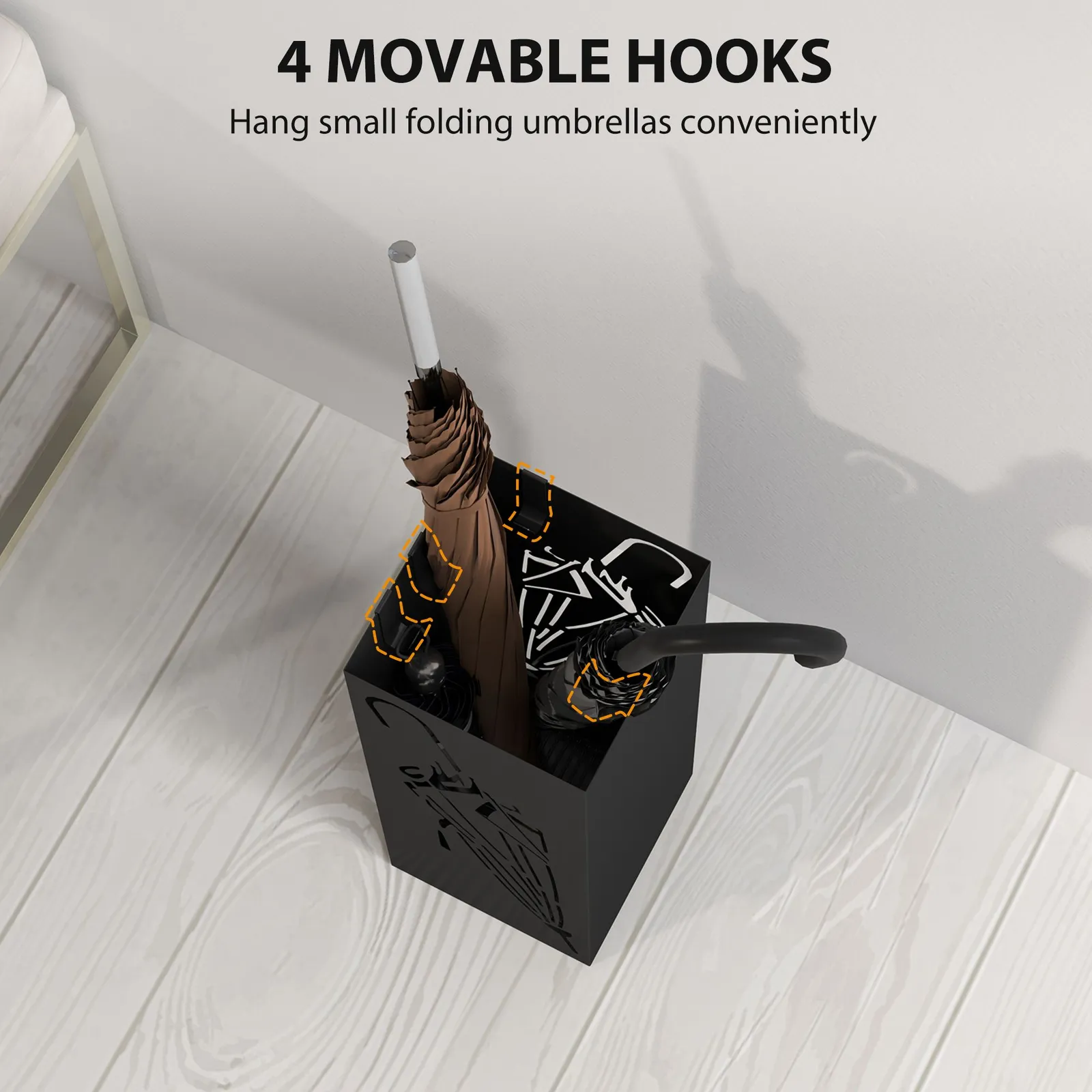 HOMCOM Square Umbrella Holder with Hooks & Water Tray for Entryway Black 5