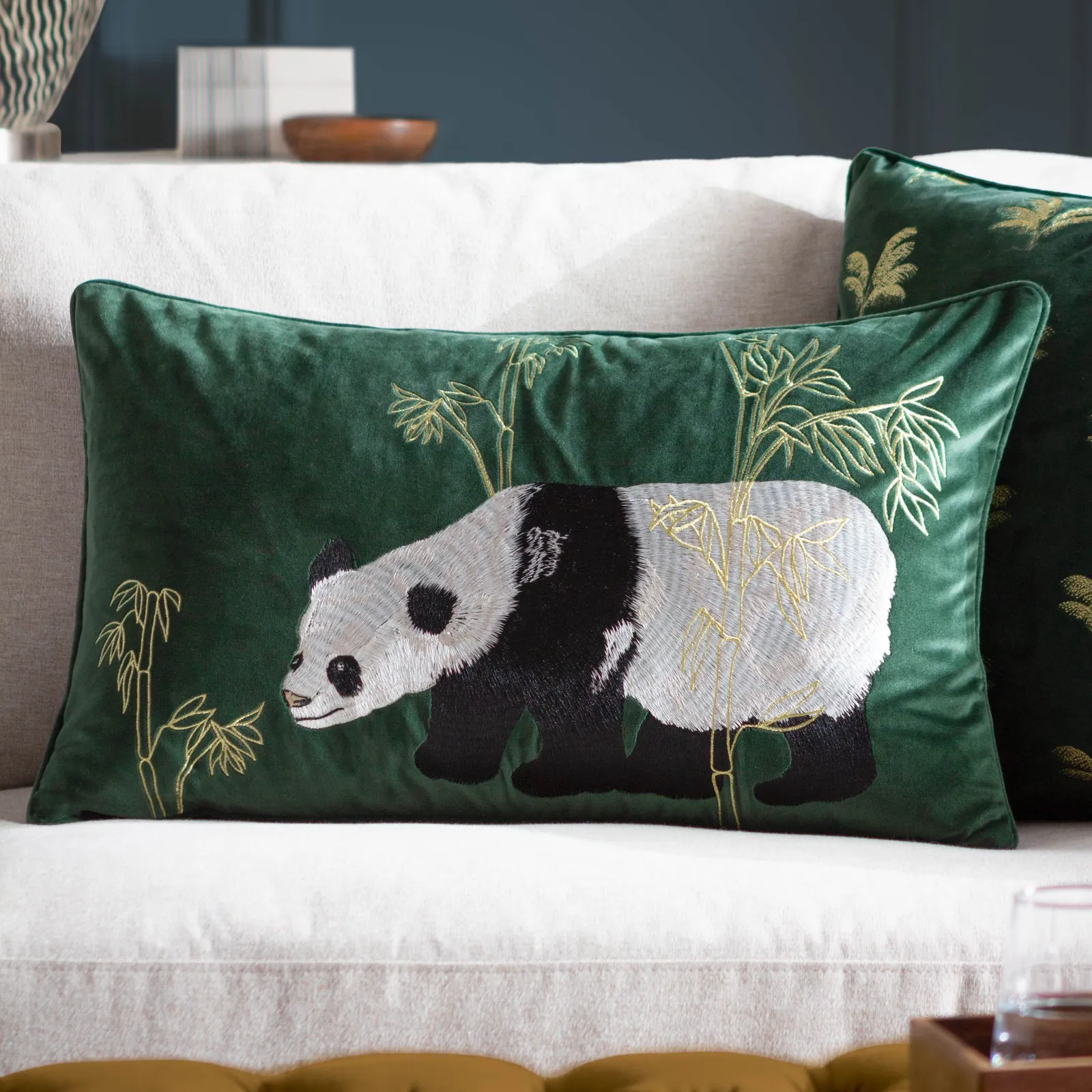 Paoletti Chuan Tranquil Panda Velvet Cushion in Emerald