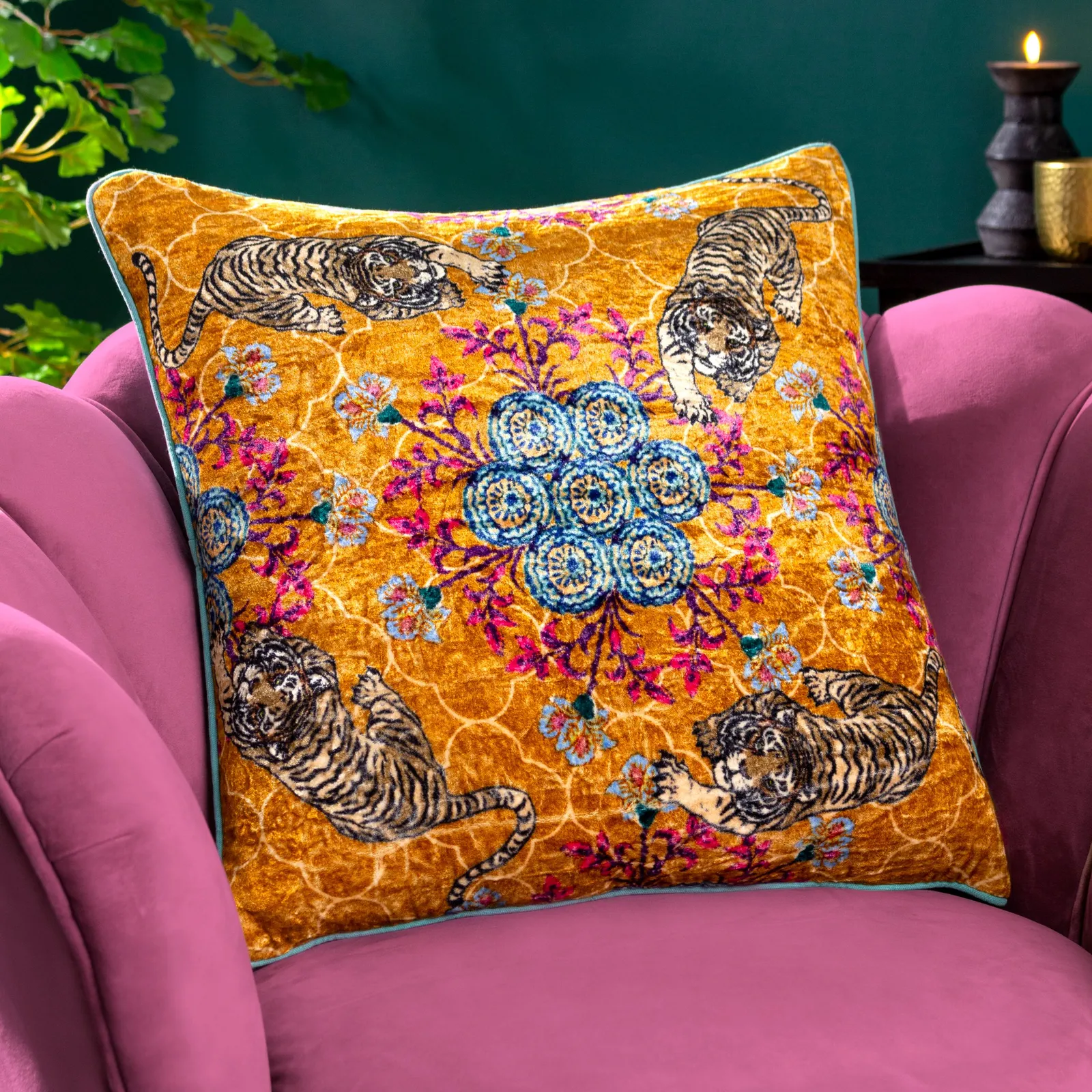 Wylder Tropics Tigerscope Tropical Abstract Velvet Cushion in Gold
