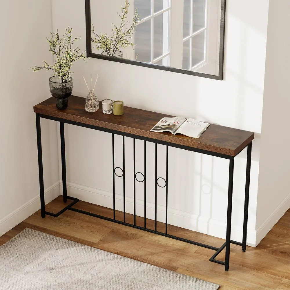 Costway Industrial Console Table 140CM Narrow Entryway Table Behind Sofa Table in Brown 4