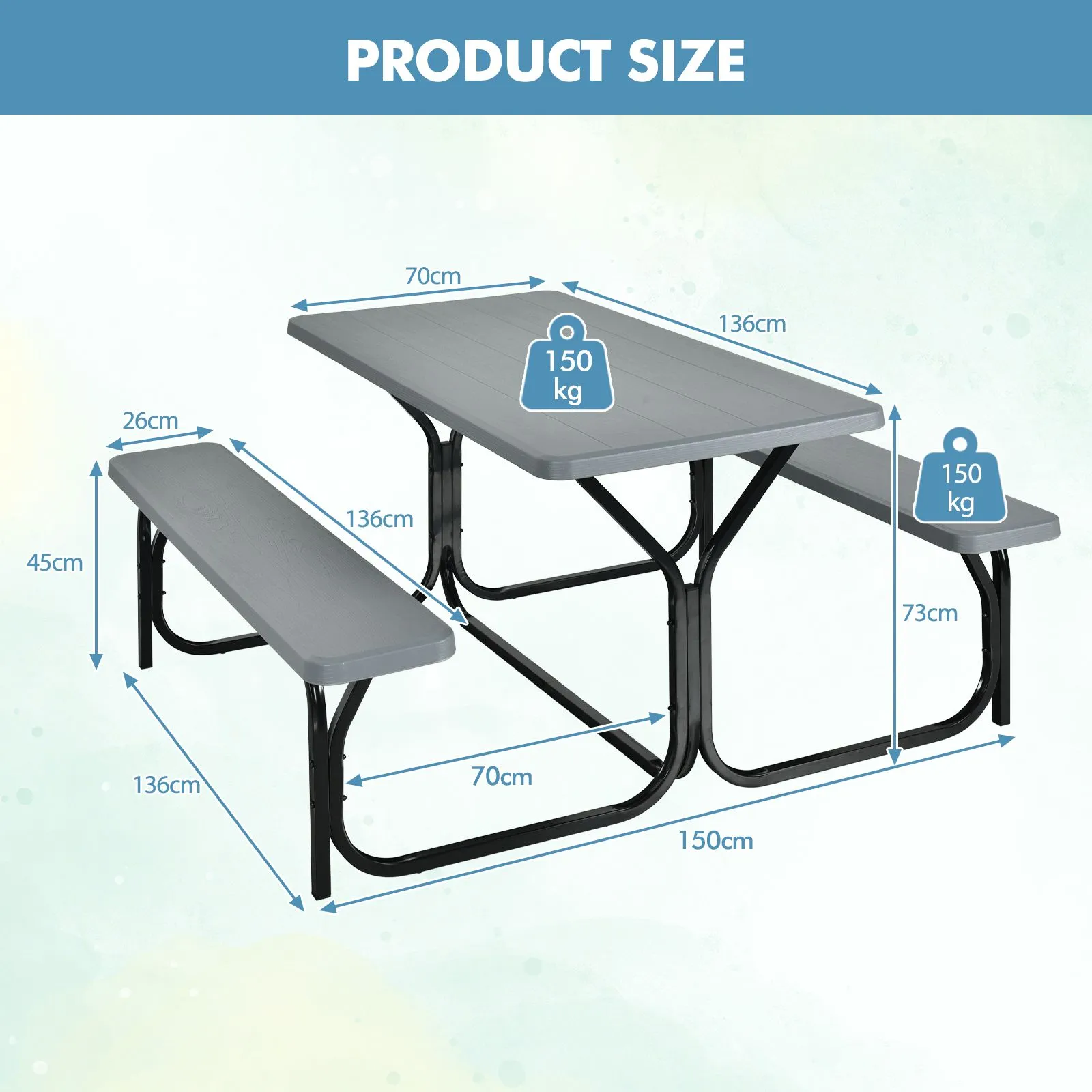 Costway Outdoor Picnic Table Bench Set Garden Dining Table & Bench Sets in Grey 2
