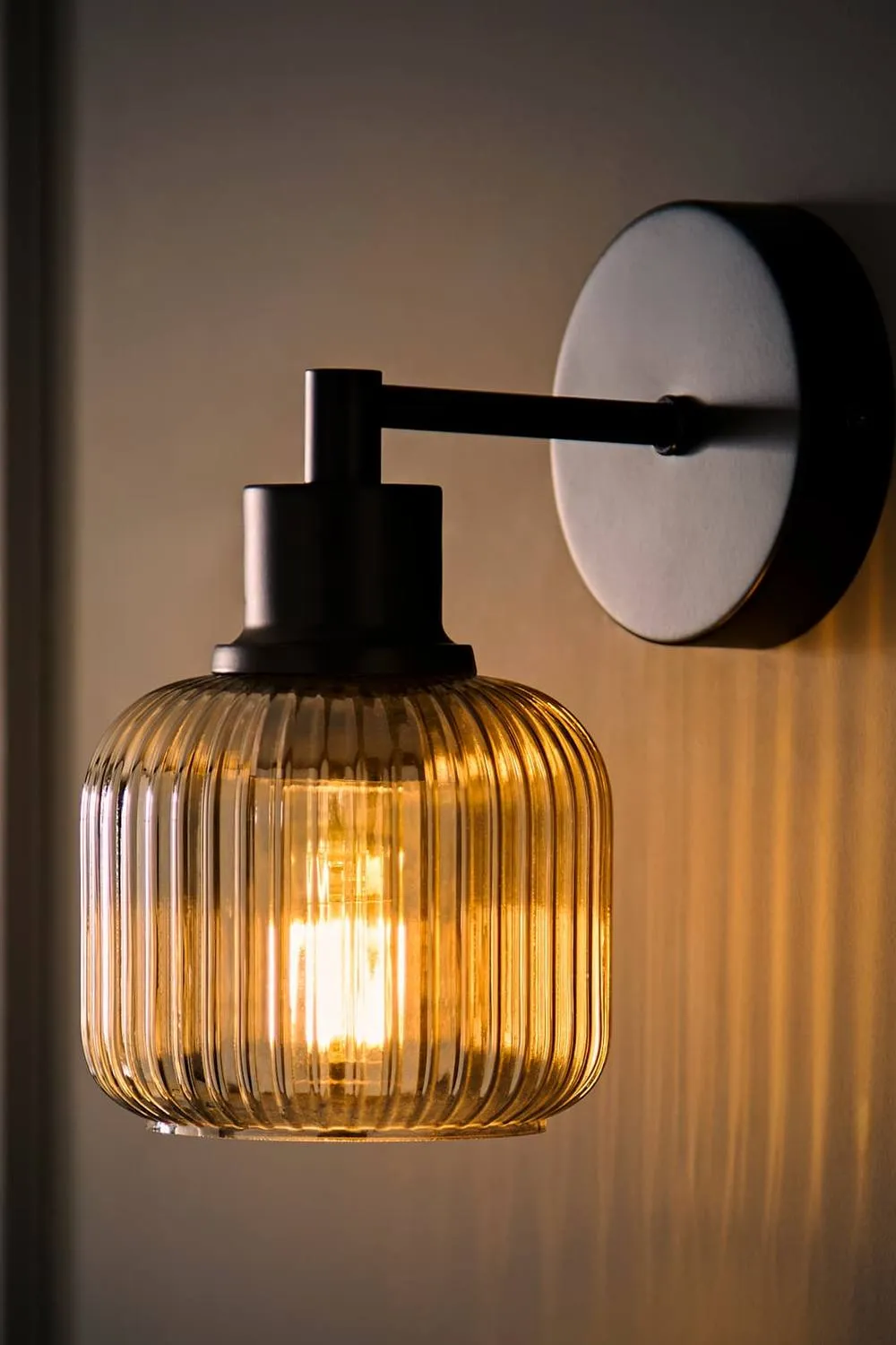 ValueLights Calpe Pair Ribbed Glass Semi Flush Metallic Arm Wall Light in Black 2