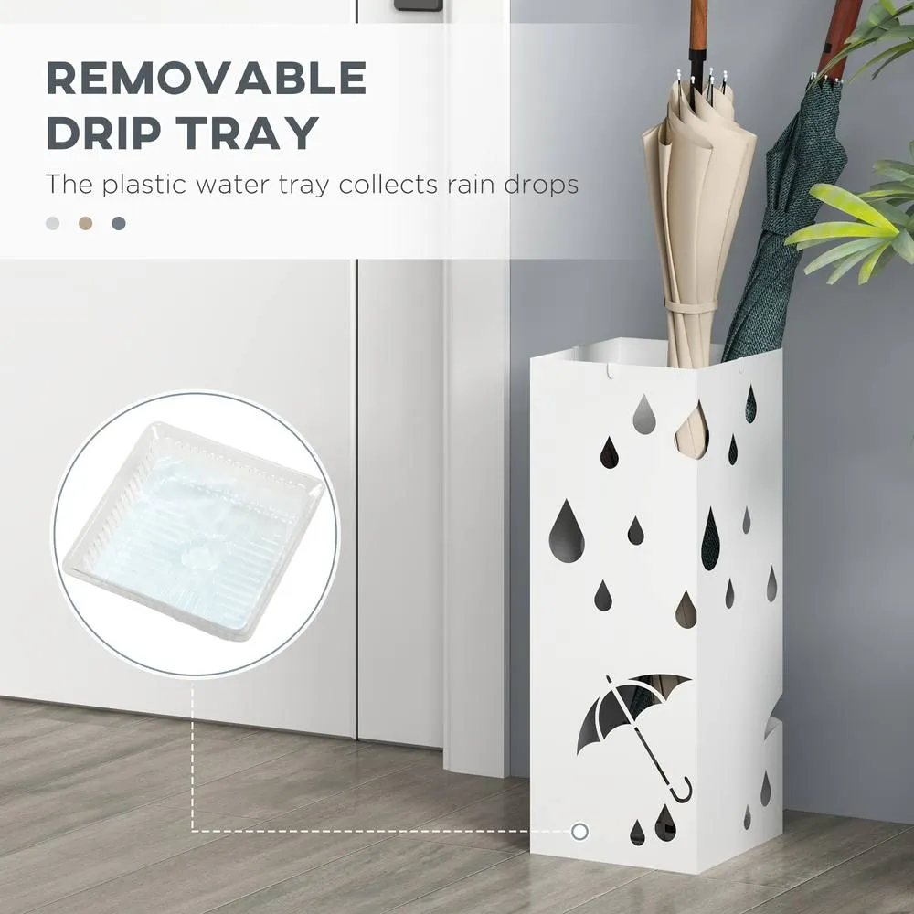 HOMCOM Metal Umbrella Stand, Square Umbrella Basket with 4 Hooks Drip Tray White 6