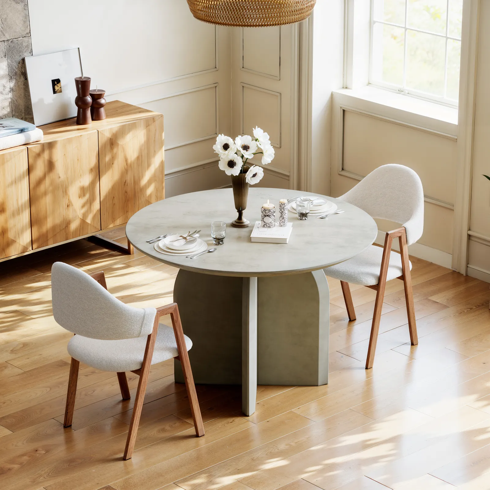 1000mm Modern Round Dining Table for 4 Grey Solid Wood Tabletop Pedestal Base