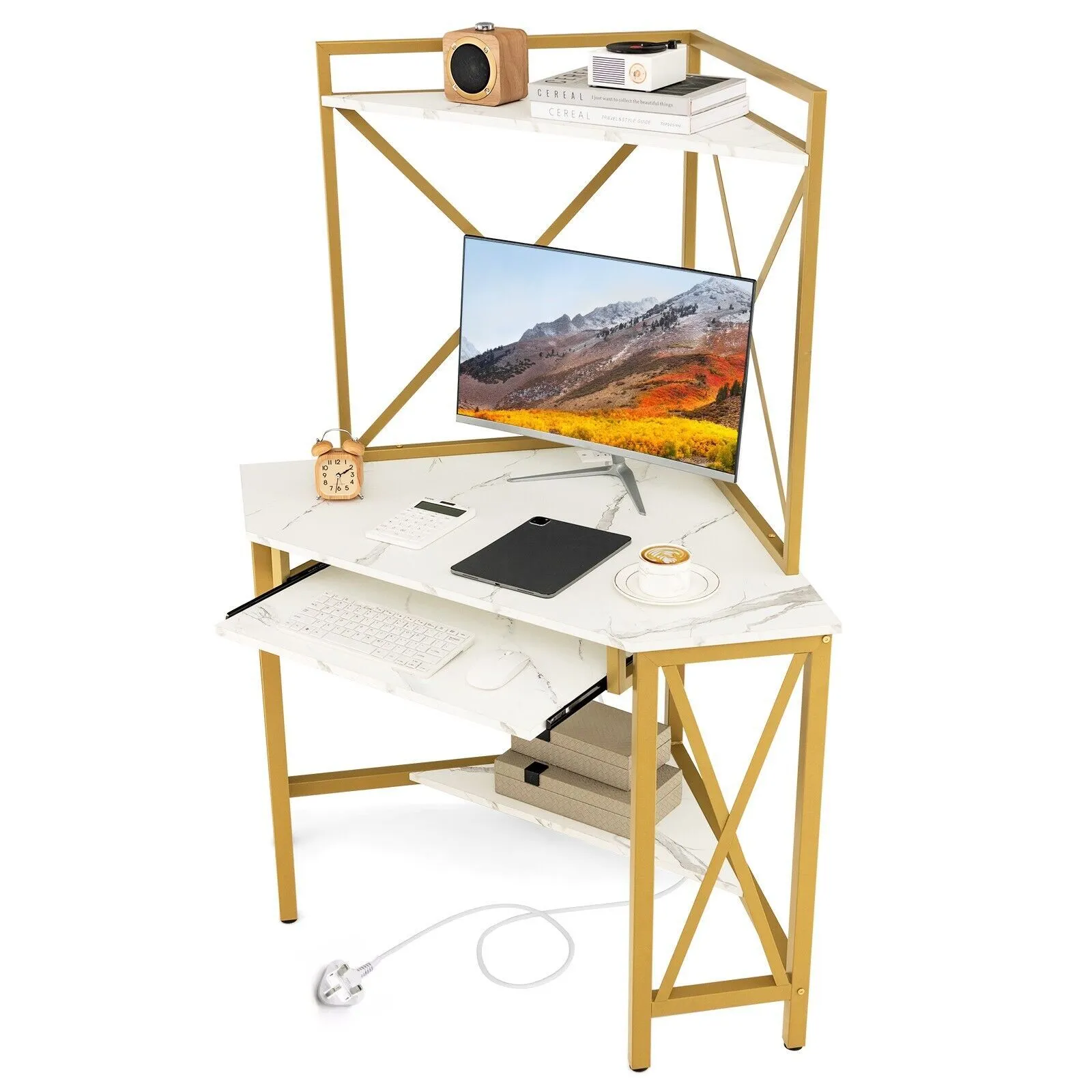 Costway Corner Writing Desk Home Office Space Saving Computer Desk with Keysboard Tray in White 5
