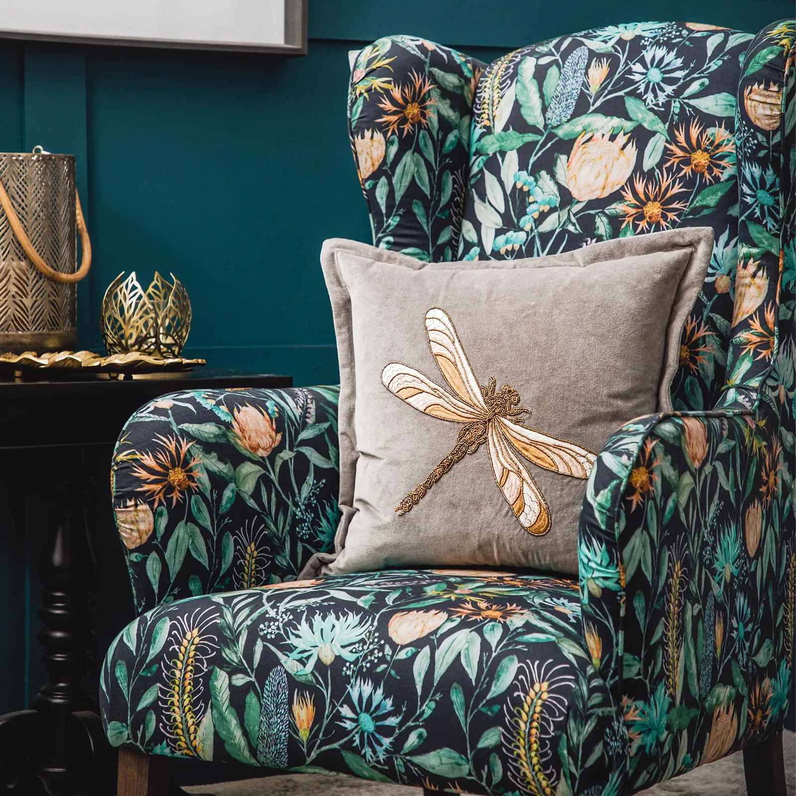 Voyage Maison Aria Velvet Embroidered Dragonfly Cushion in Grey 1