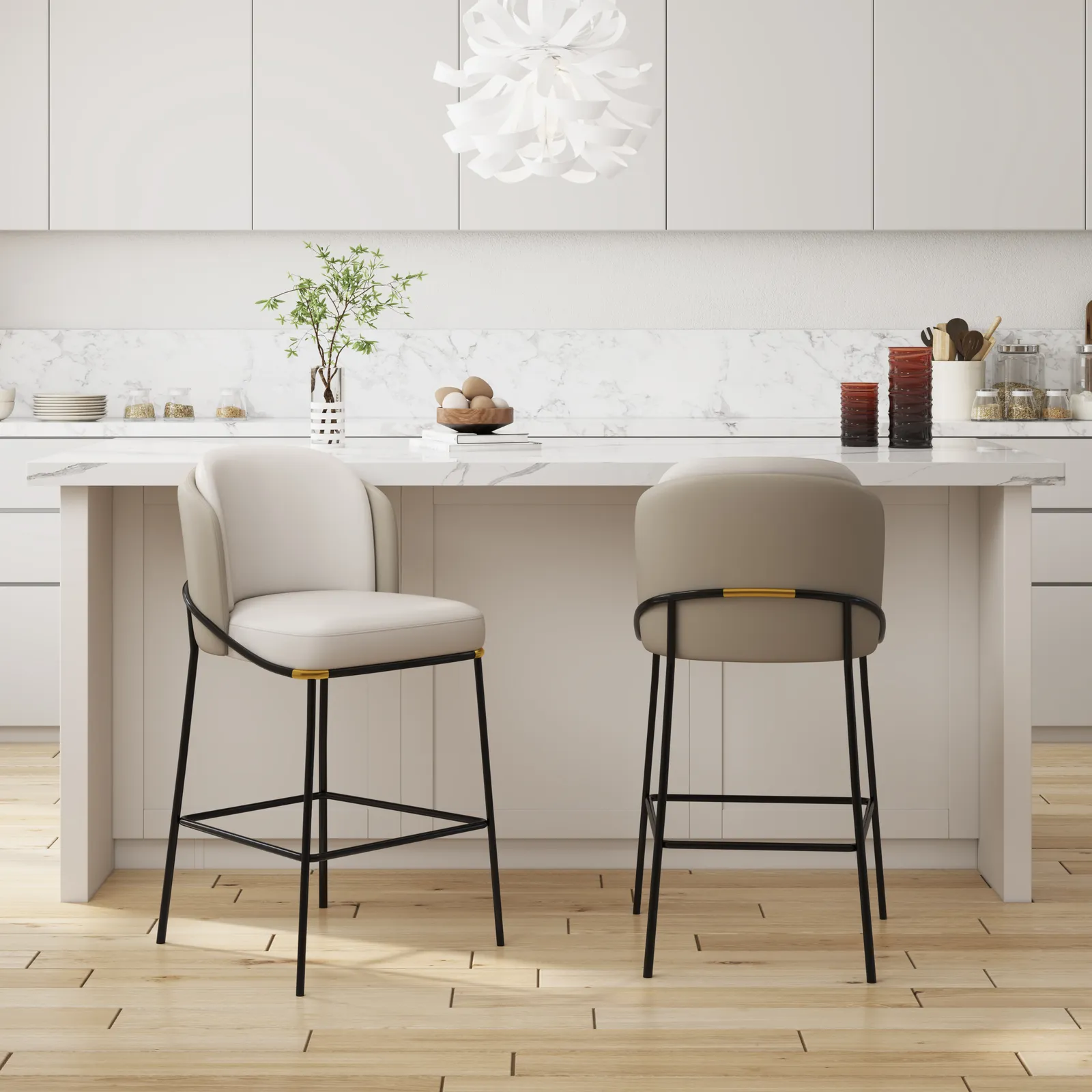 Modern PU Leather Breakfast Bar Stool Gray with Back & Footrest Set of 8