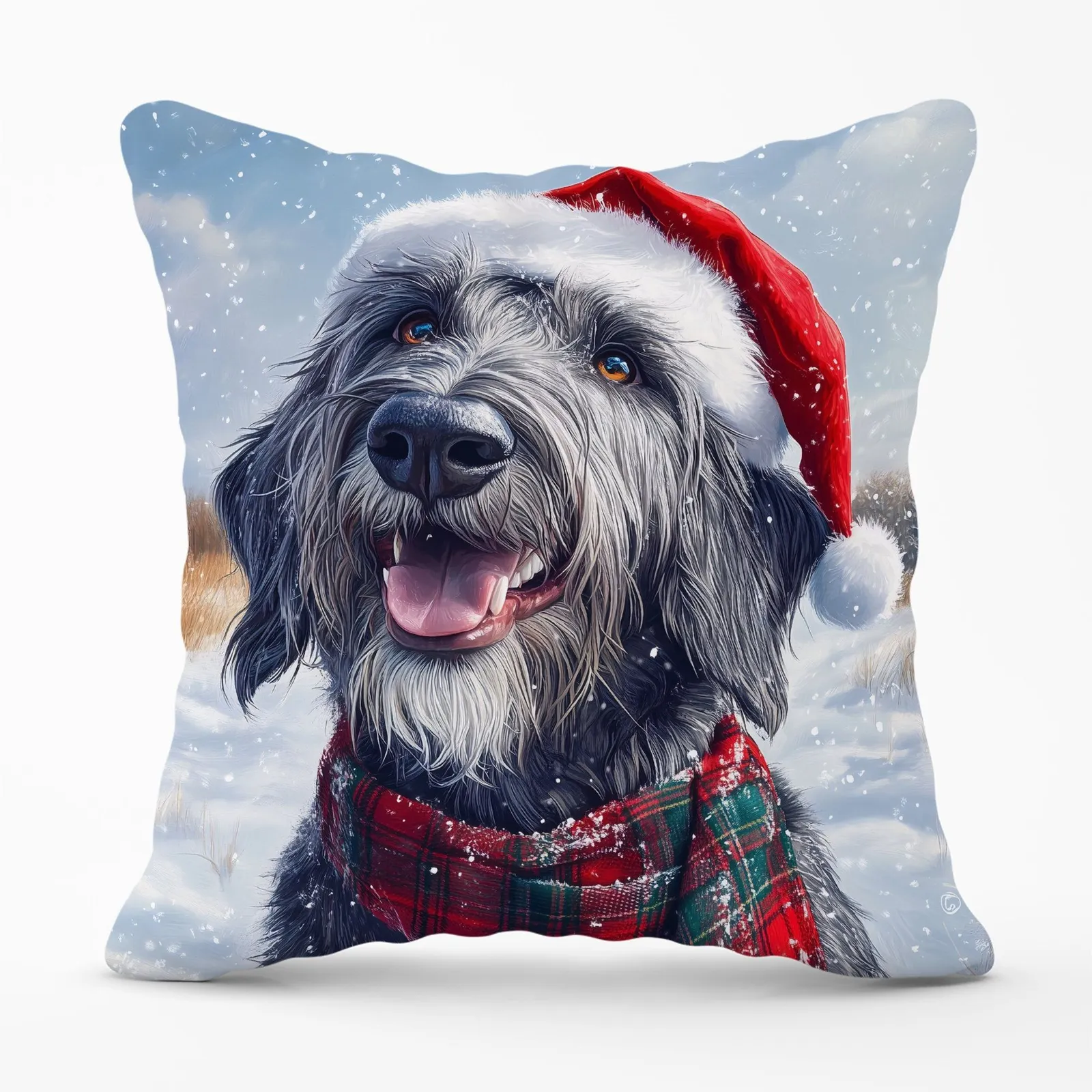 Warren Reed - Designer Christmas Irish Wolfhound Cushion in Grey