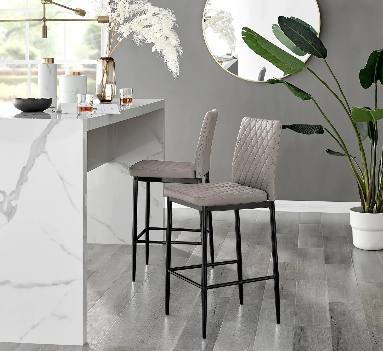 FurnitureboxUK Set of 2 Milan Hatched Faux Leather Padded Counter Stools With Black Metal Legs in Beige 2