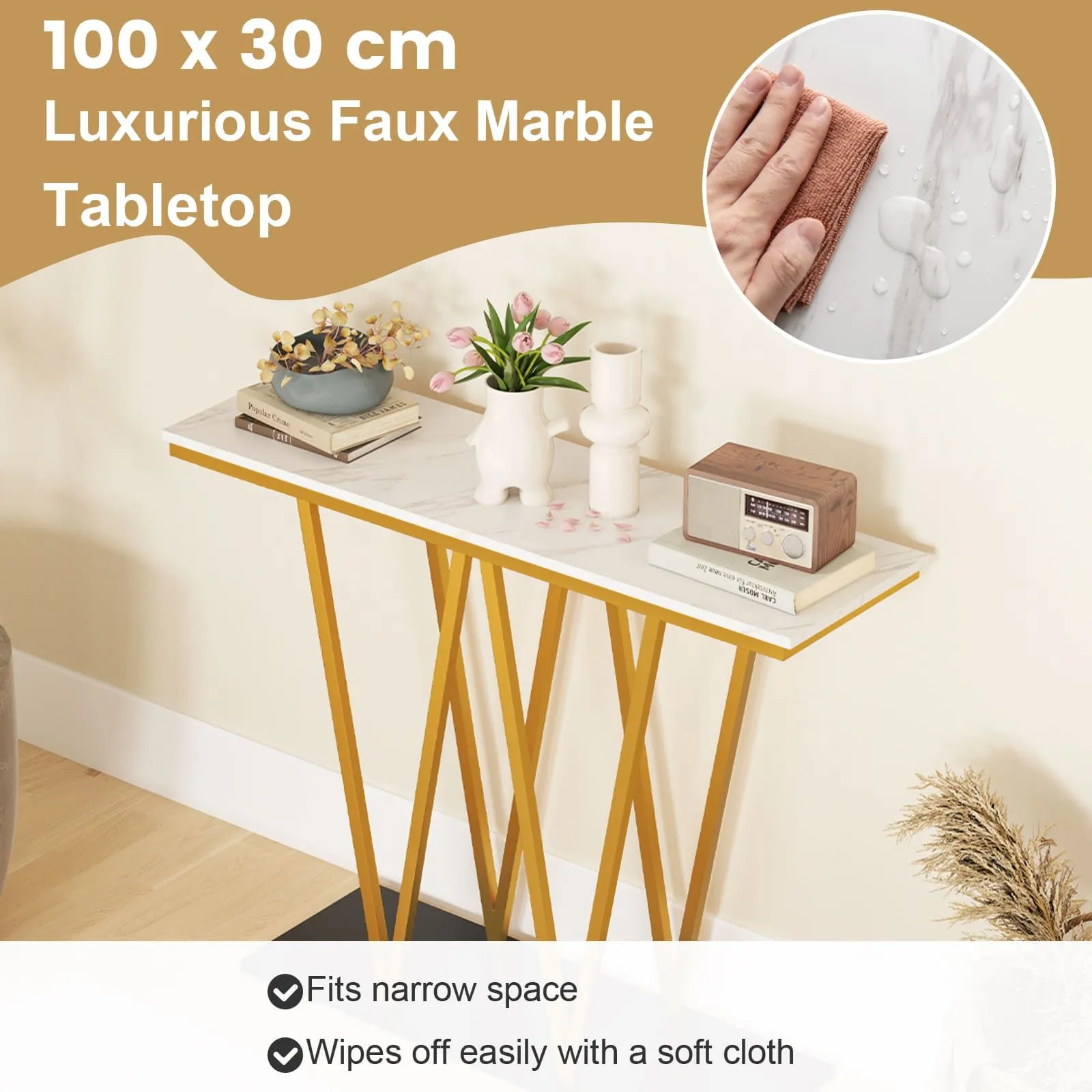 Costway Console Table 100cm Extra Long Entry Table w/ Faux Marble Top in White 5