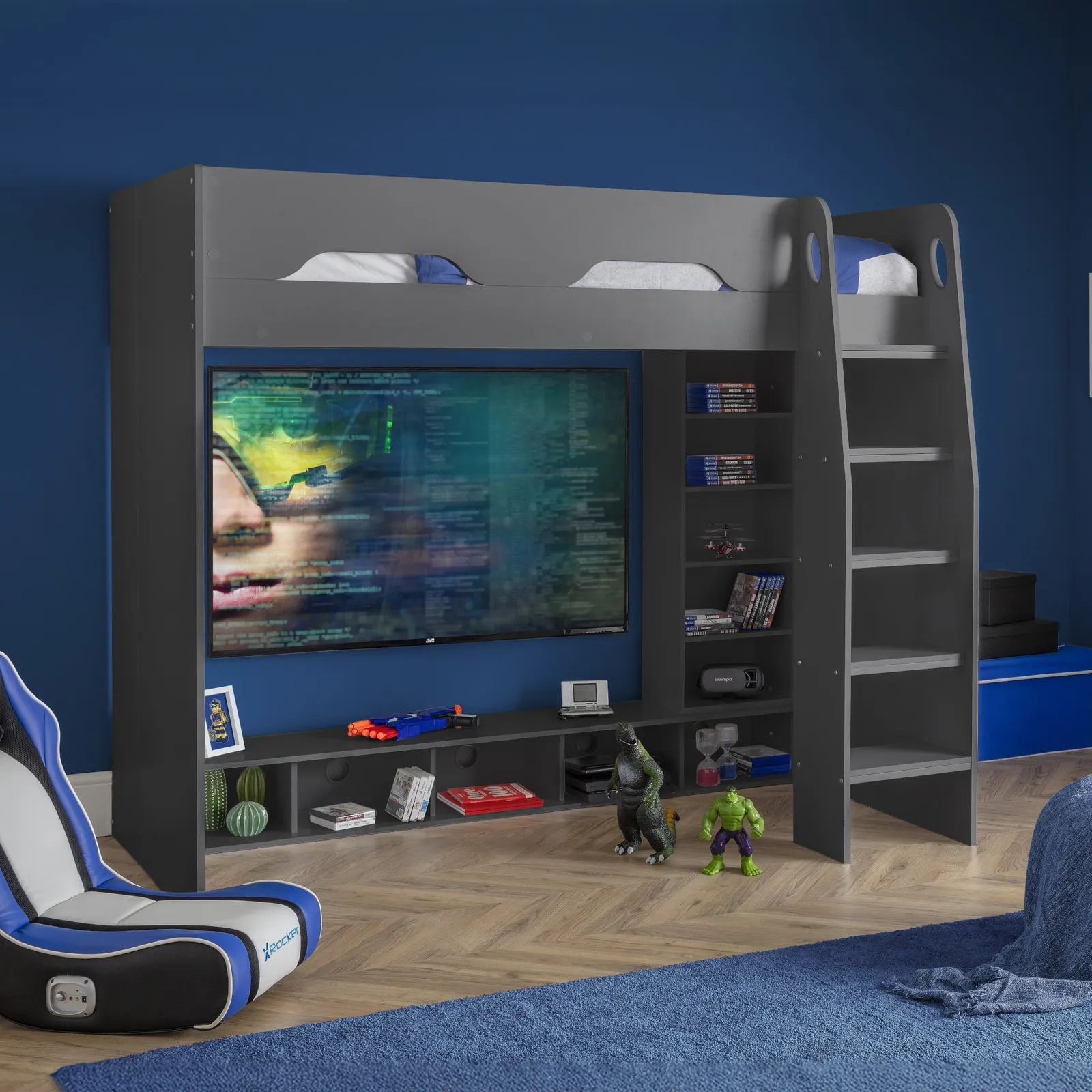 Galaxy - Single - Gaming High Sleeper Bed - Grey - Wood - 3ft - Happy Beds 1