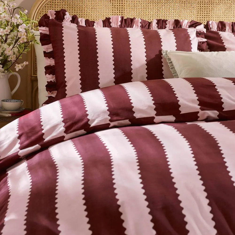 Wylder Birdie Stripe Ruffle Duvet Cover Set in Burgundy 3