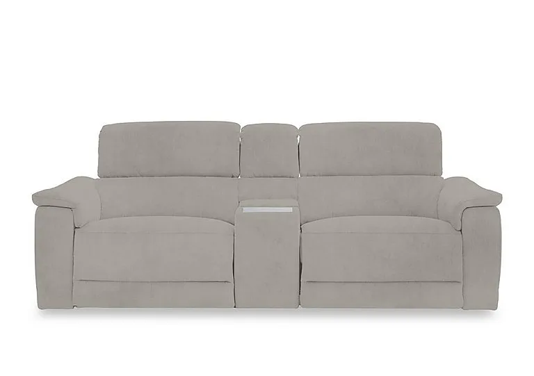 Genius Fabric 3 Seater Power Recliner Media Sofa with Power Headrests, Power Lumbar and Heated Seats - Opulence Silver