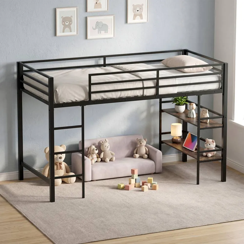 Costway Single Size Metal Loft Bed w/Storage Shelves No Box Spring Needed in Brown 4