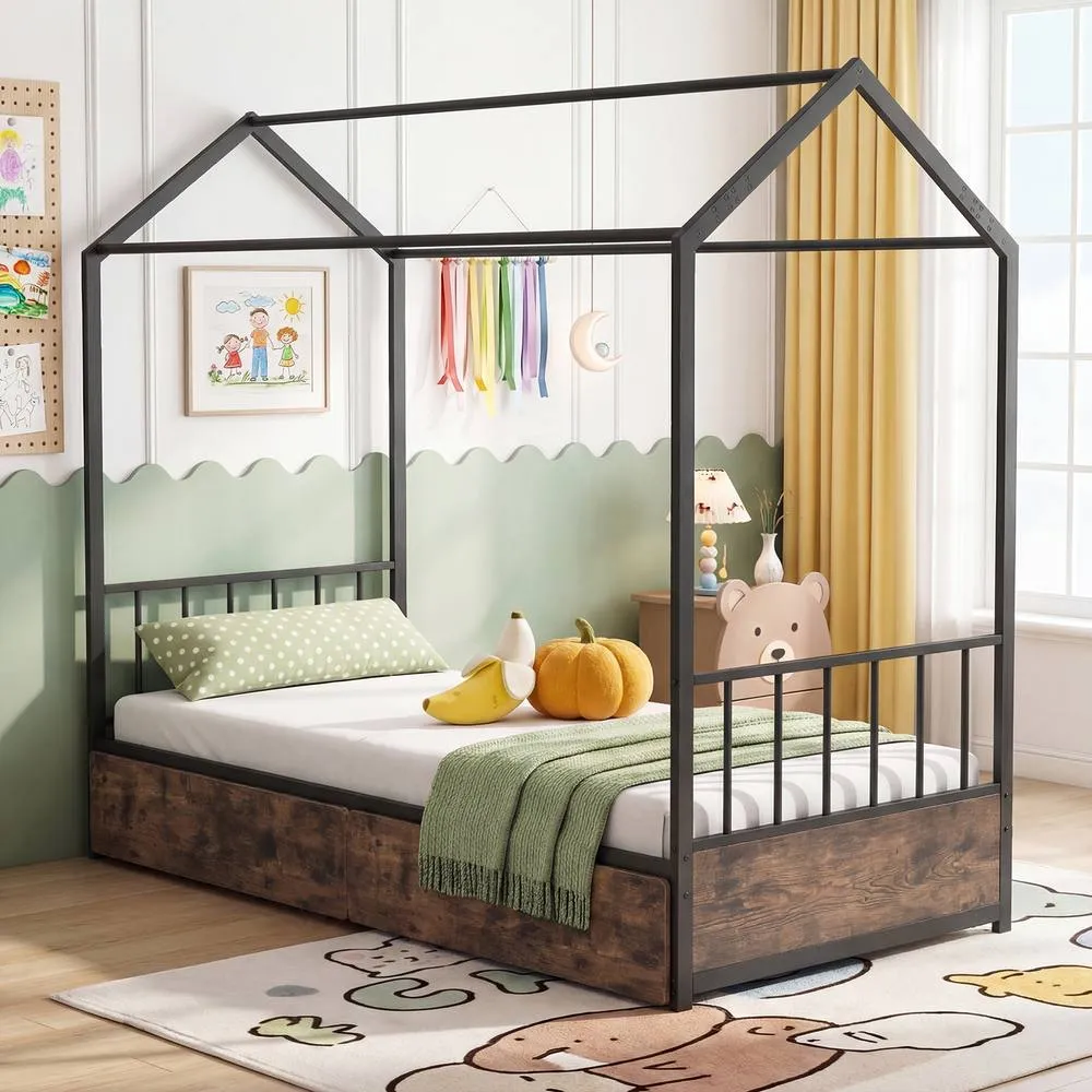 Costway Single Size Bed Frame w/2 Drawers Platform Bed w/Headboard & Footboard in Brown 3